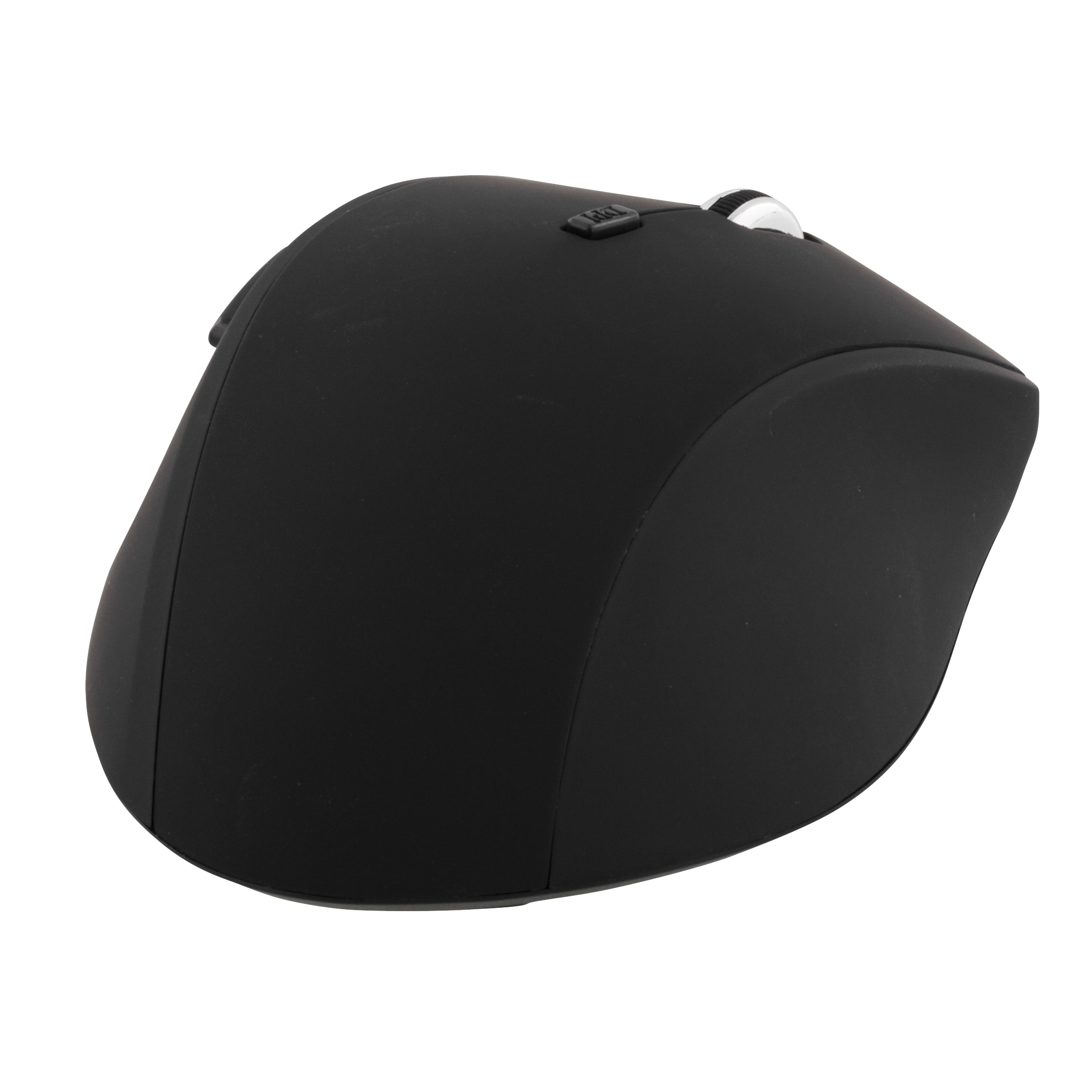 Une souris sans fil noire. Elle a un design incurvé et une molette de défilement.