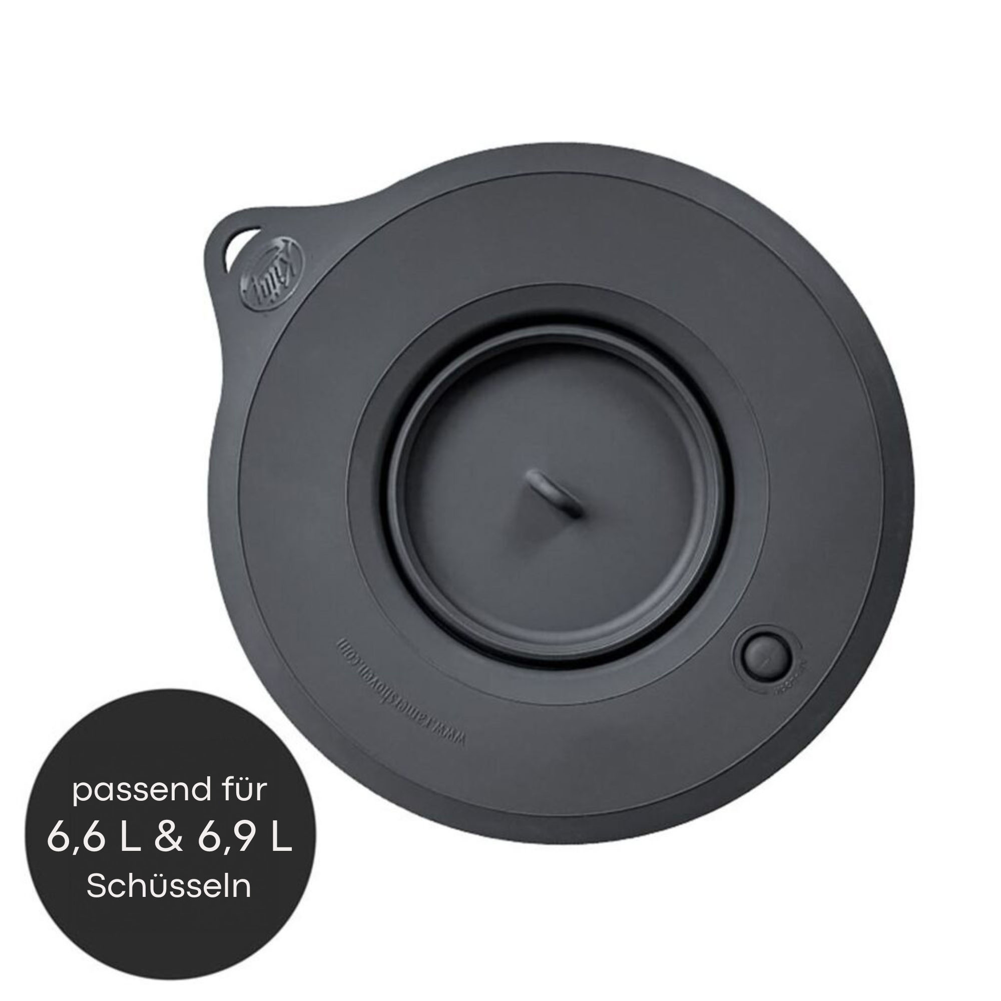 Schwarzer Deckel für eine Schüssel, mit Text. Schwarz und grau. Weißer Hintergrund.