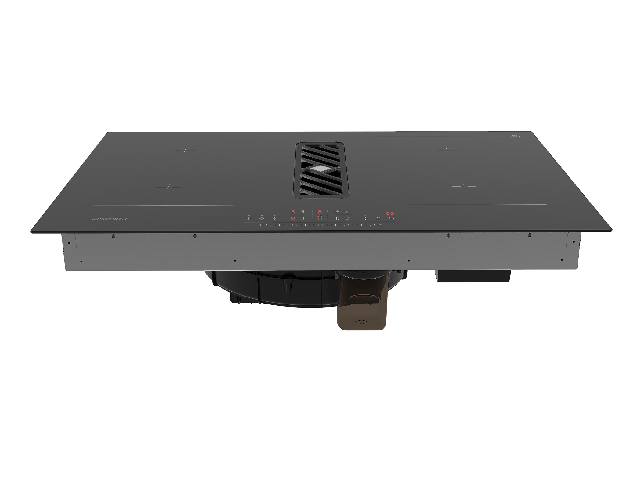 Plaque de cuisson noire avec hotte intégrée. Panneau de commande et quatre zones.