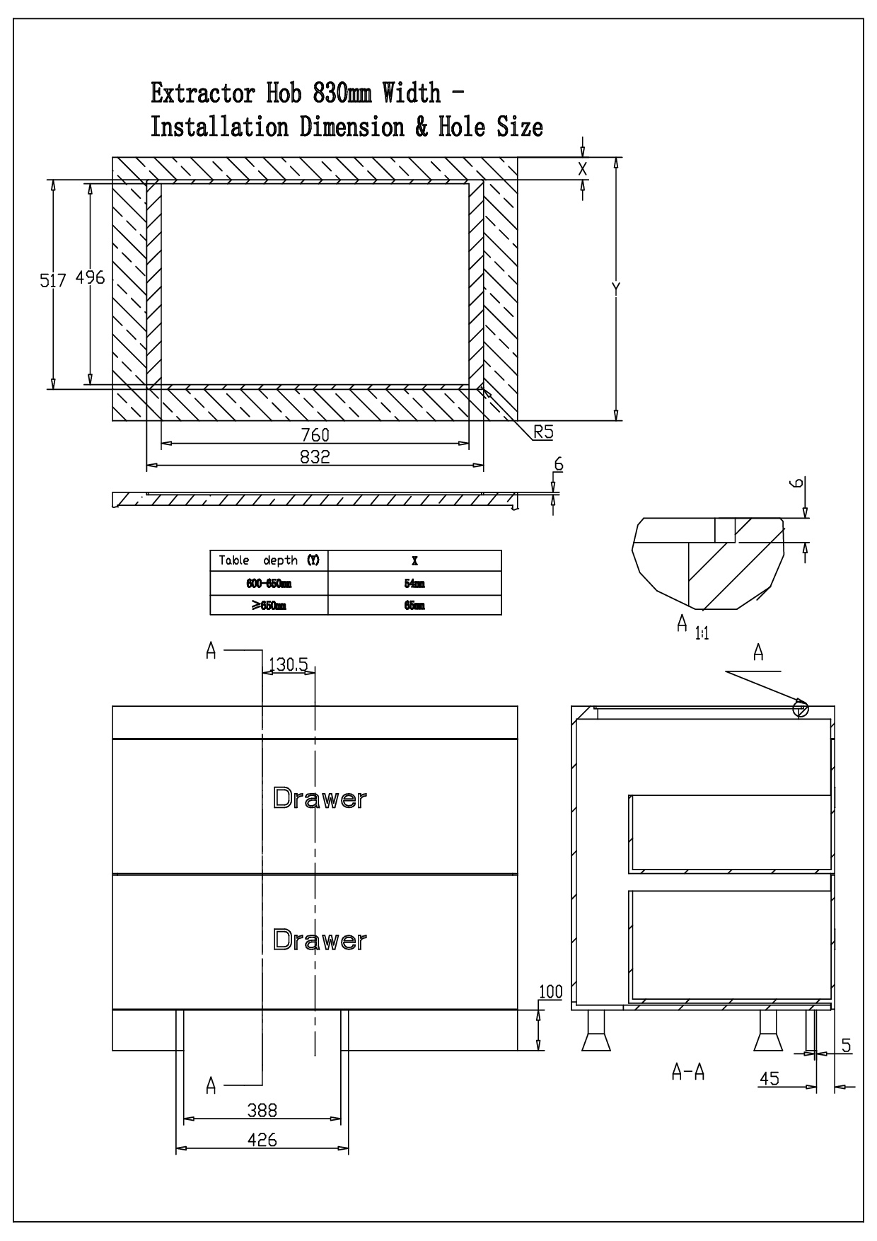 Dessin technique : dimensions de la table de cuisson extracteur et détails d'installation, avec profondeurs de tiroirs.