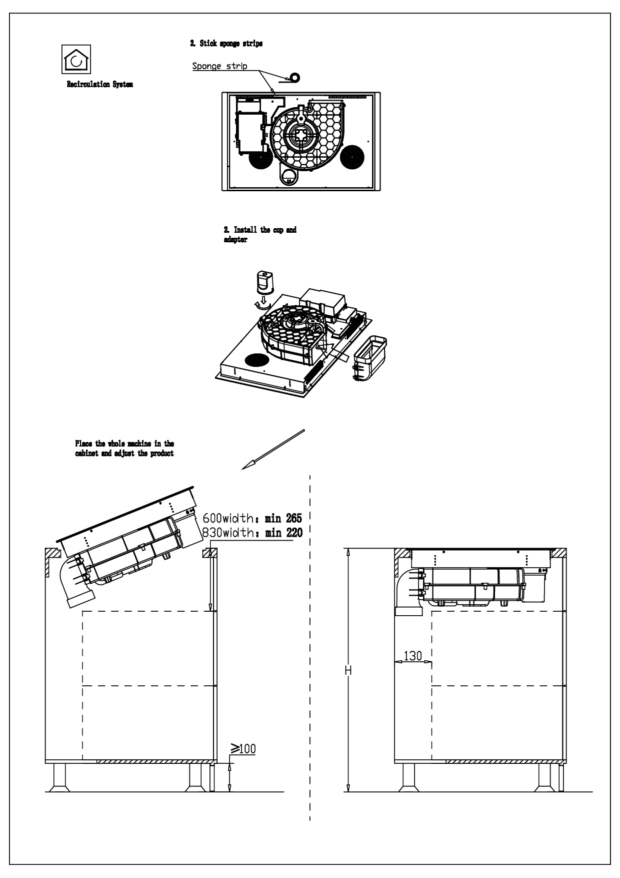 Diagramme avec instructions pour installer un produit. Il présente des vues de dessus et des vues latérales.