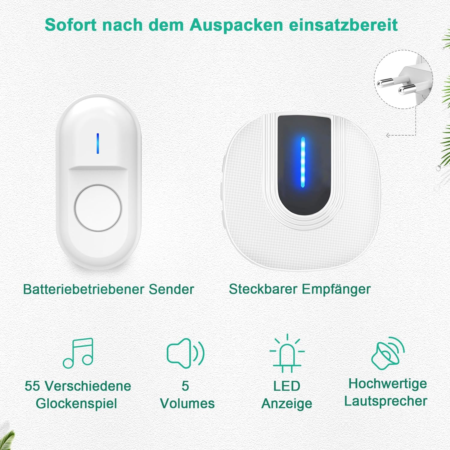 Zwei drahtlose Türklingelteile, ein Sender und ein Empfänger. Text: 55 Töne, 5 Lautstärken, LED, Lautsprecher.