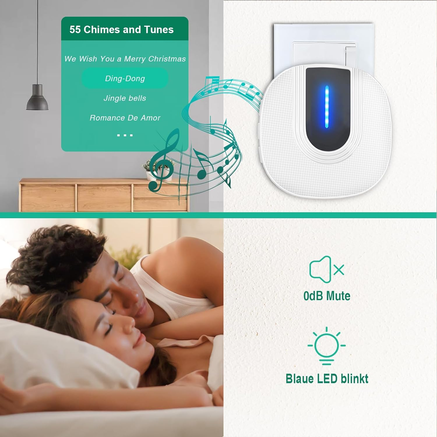Schlafendes Paar, neben smarter Türklingel mit blauem Licht und Noten.