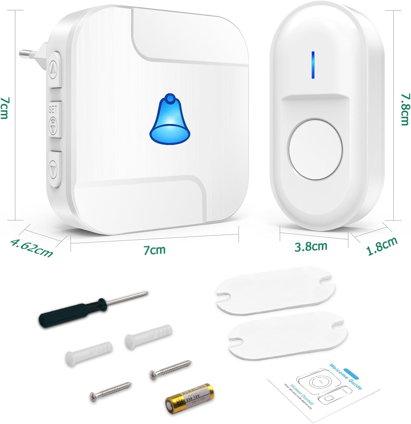 Weißes Türklingel-Set mit Abmessungen, Schrauben und einer Willkommensanleitung. Weißer Hintergrund.