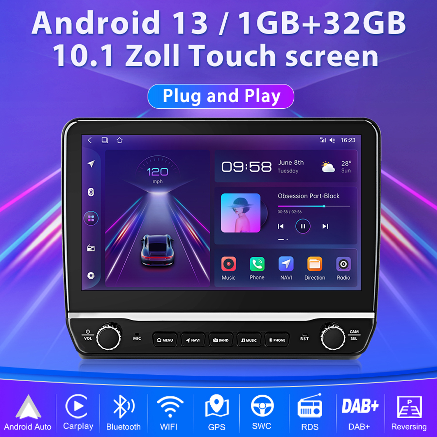 Auto-Multimedia-Player mit Touchscreen, der Zeit, Geschwindigkeit und Musiksteuerung anzeigt. Schwarzer Rahmen, blauer Hintergrund.