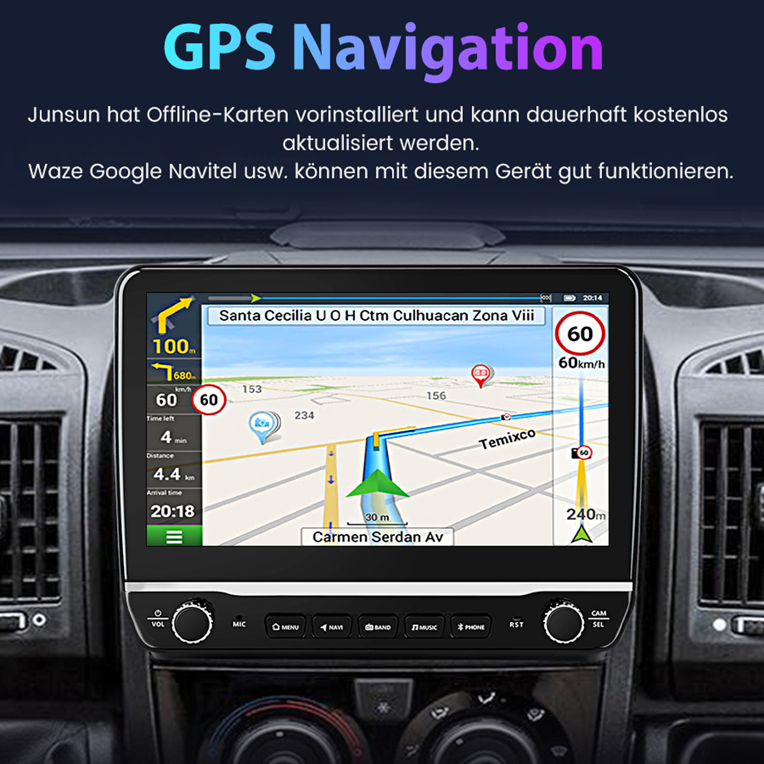 Auto-Navigationsbildschirm. Der Bildschirm zeigt Karte und Navigationsdetails. Text oben.