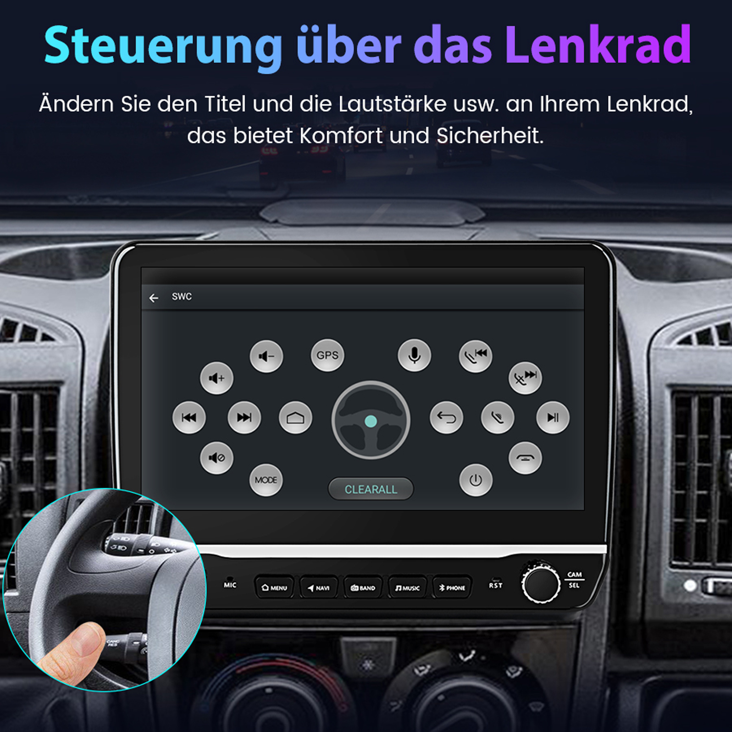 Armaturenbrett eines Autos mit einem Bildschirm. Text zur Lenkradsteuerung steht darüber.