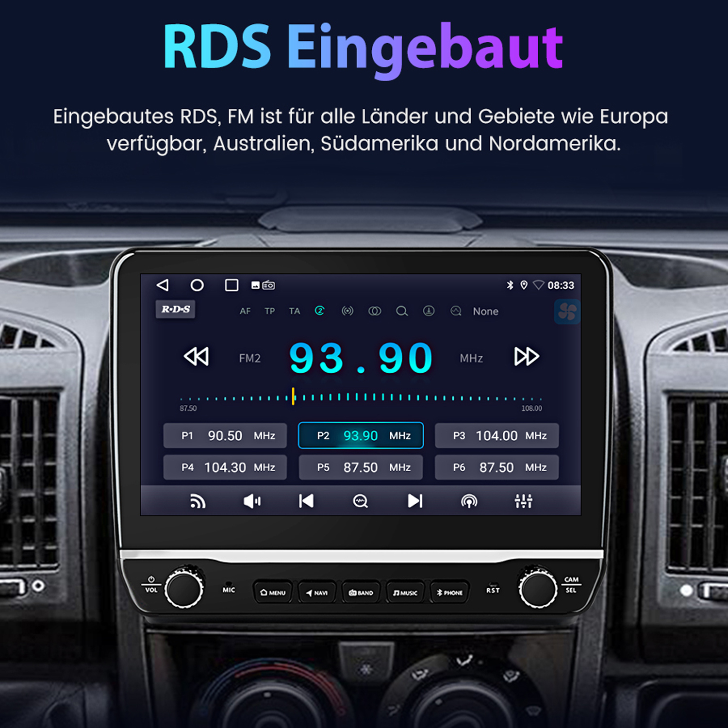 Autoradio-Bildschirm mit UKW-Radioeinstellungen, mit dunklem Innenraumhintergrund.
