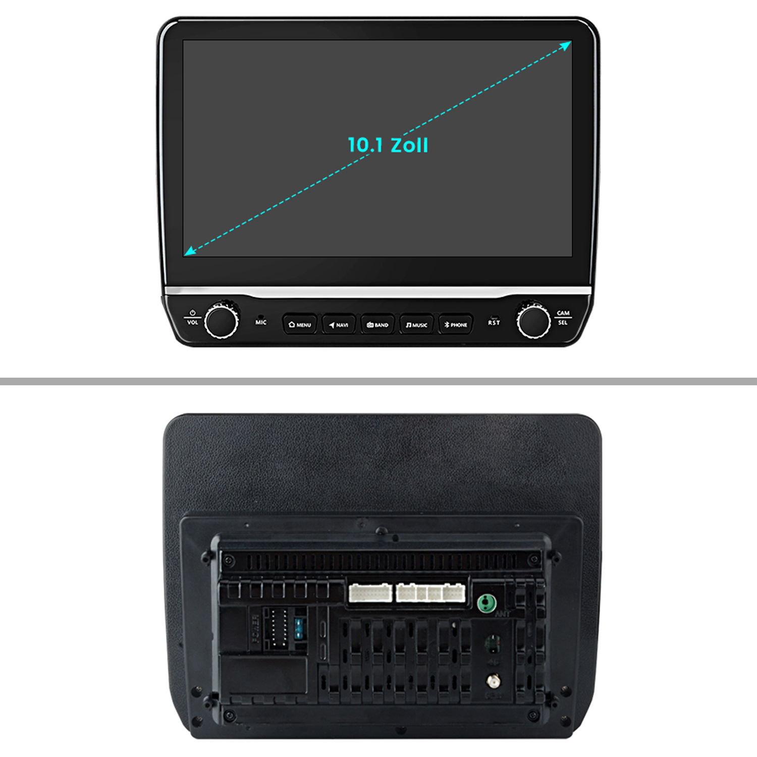 Autoradio-Bildschirm, schwarz mit Knöpfen und einem 10,1 Zoll Display. Unten ist die Rückseite zu sehen.