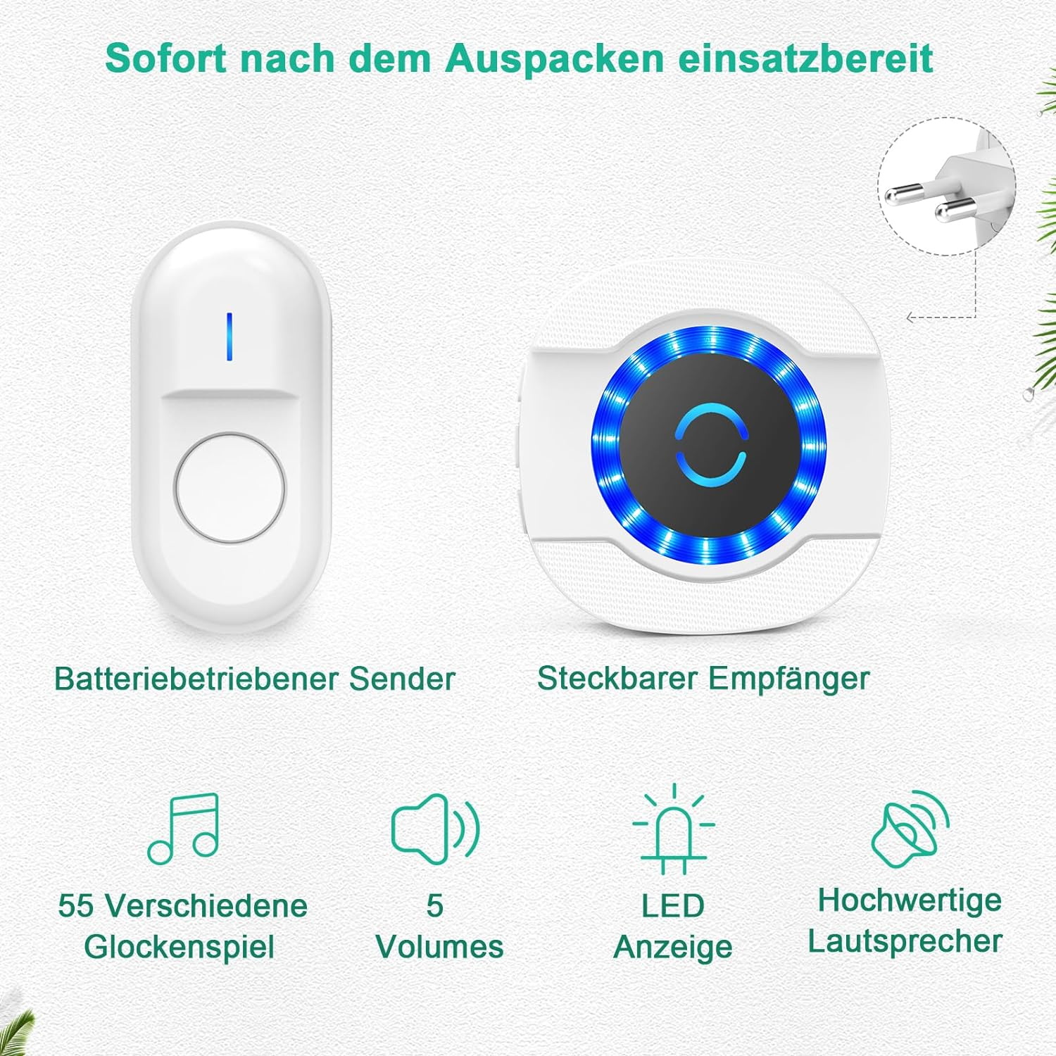 Weiße Türklingel und Empfänger mit Text. Symbole für verschiedene Klingeltöne und Lautstärke.