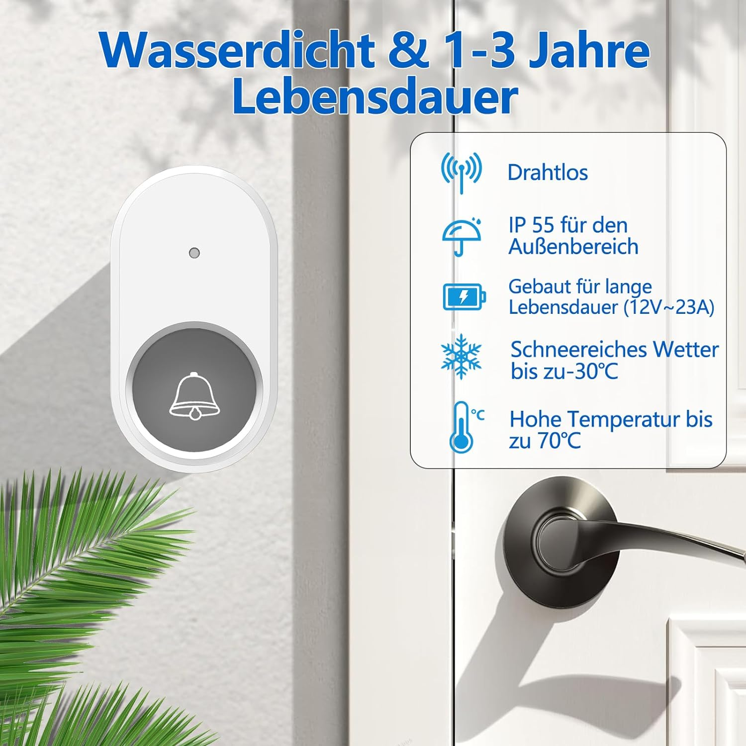 Weiße Türklingel an einer weißen Tür mit Griff. Text beschreibt Merkmale.
