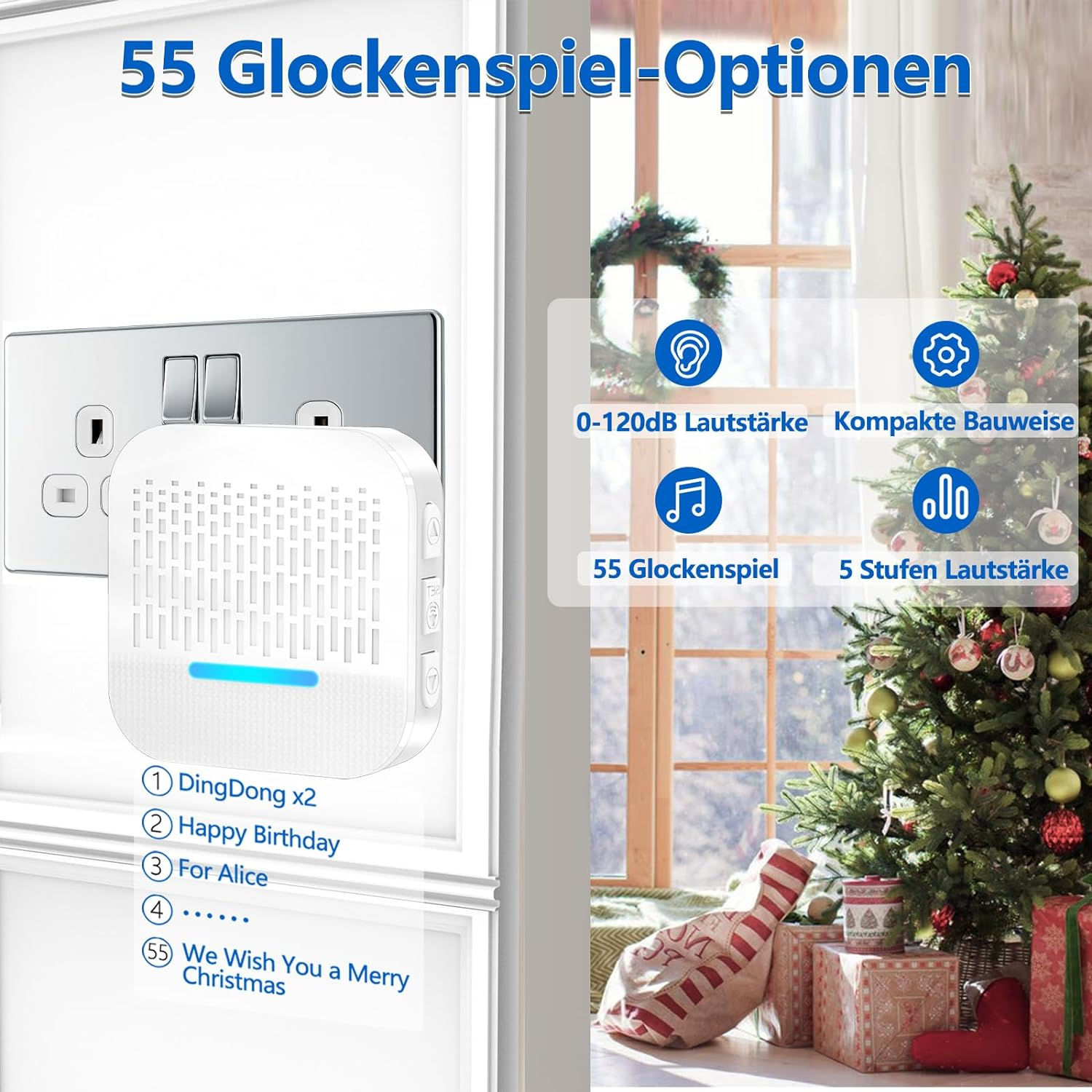 Weiße Türklingel mit Weihnachtsszene im Hintergrund. Ein Weihnachtsbaum und Geschenke sind sichtbar. Text steht an der Wand.