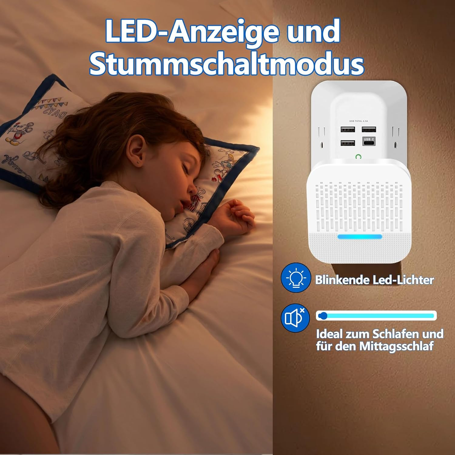Ein schlafendes Kind in der Nähe einer Steckdose mit Nachtlicht und USB-Ladegerät. Die Lichter sind blau.