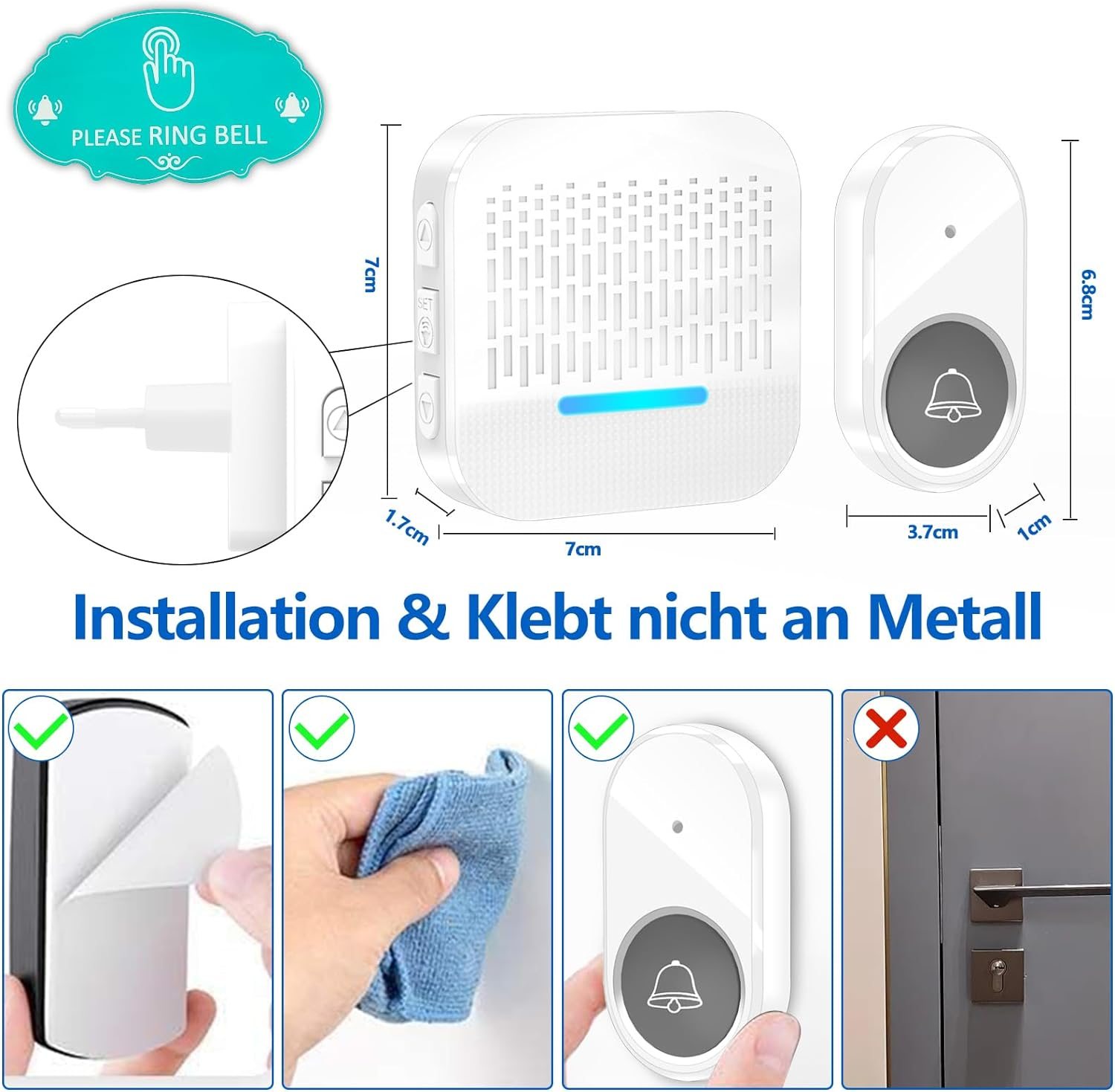 Eine weiße intelligente Türklingel mit Abmessungen und Installationsanweisungen.