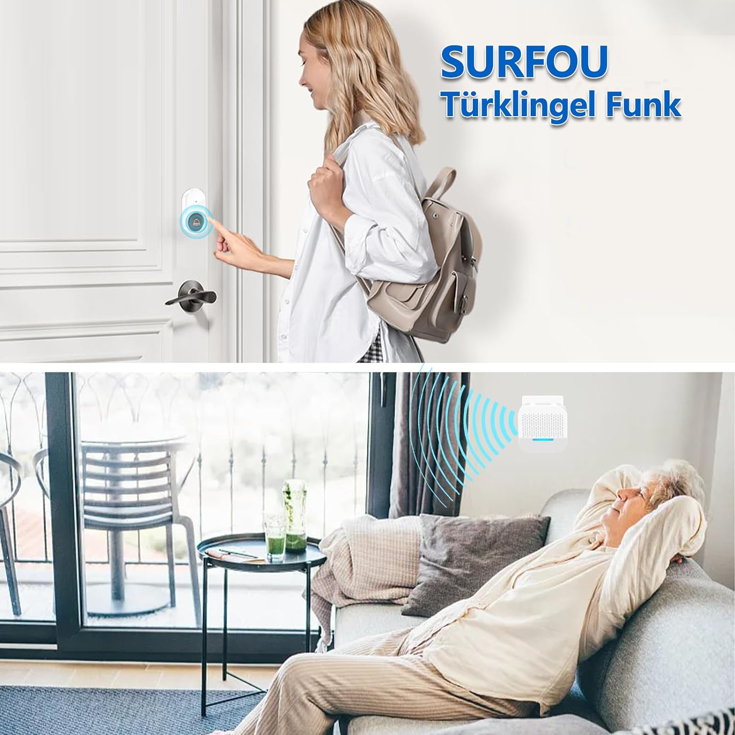 Frau drückt Türklingel, während Mann sich drinnen entspannt. Text: 'SURFOU Türklingel Funk'.