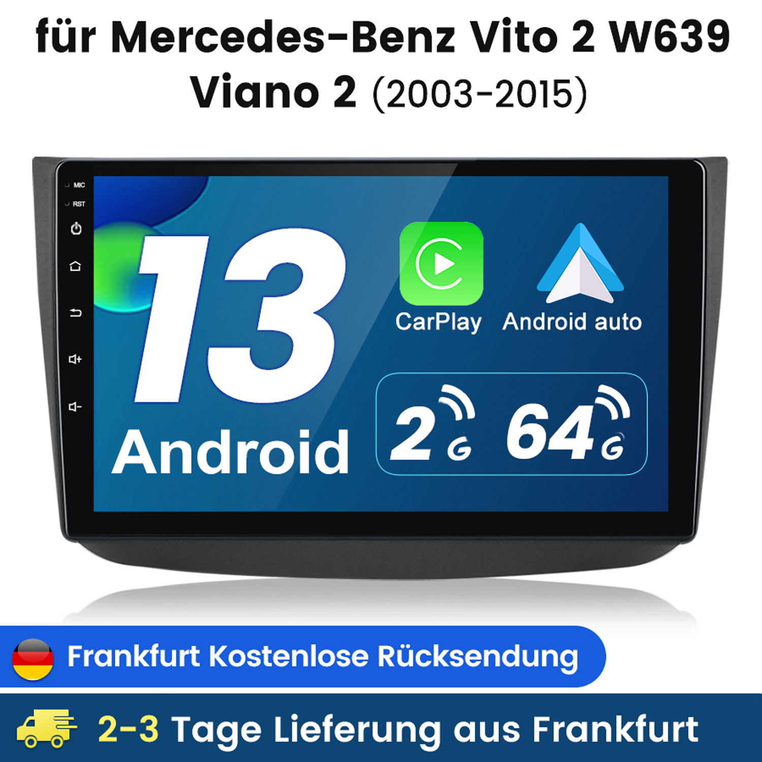 Autoradio-Bildschirm mit Android-Logo, CarPlay und Zahlen.