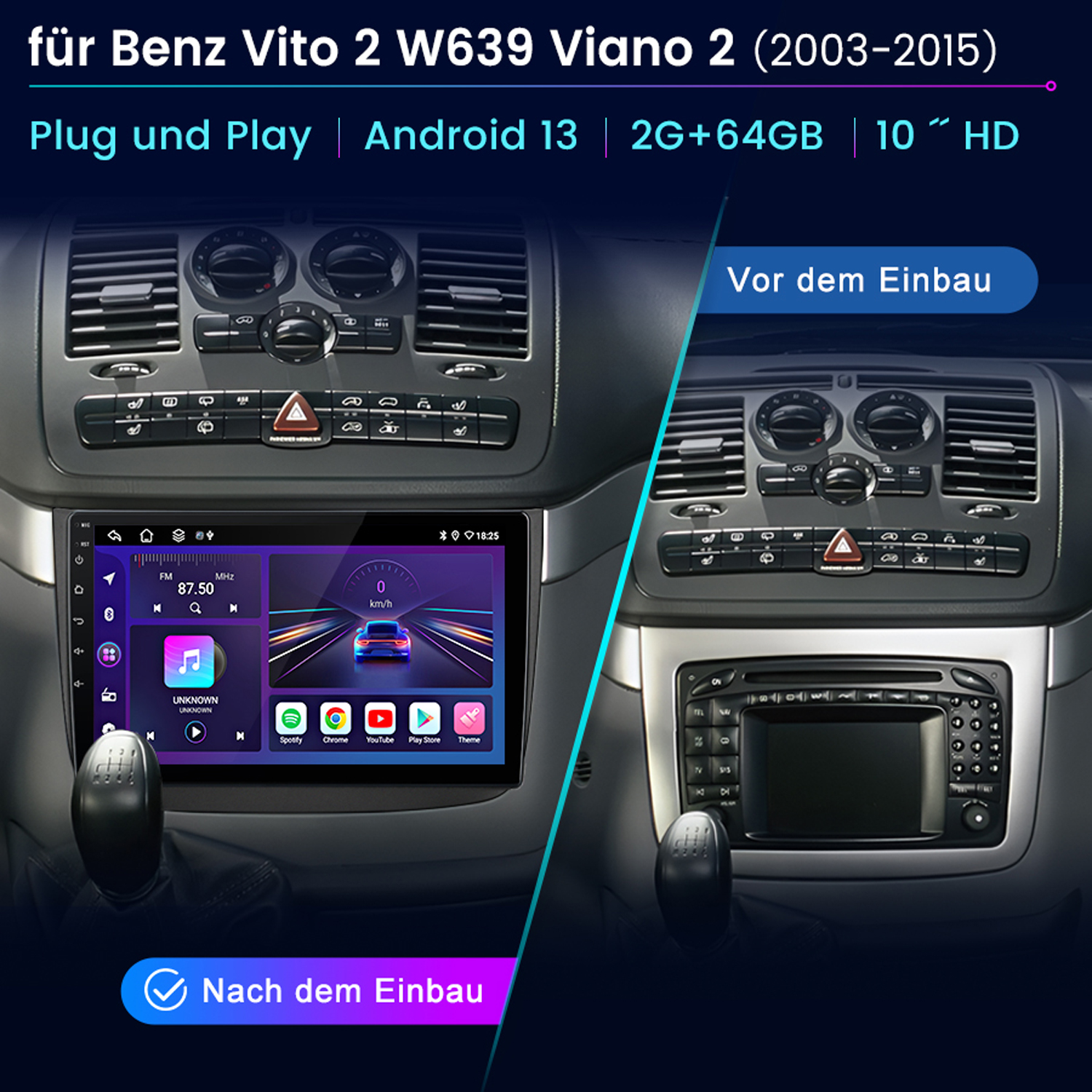 Armaturenbrett mit installiertem Aftermarket-Android-System im Vergleich zum alten System.