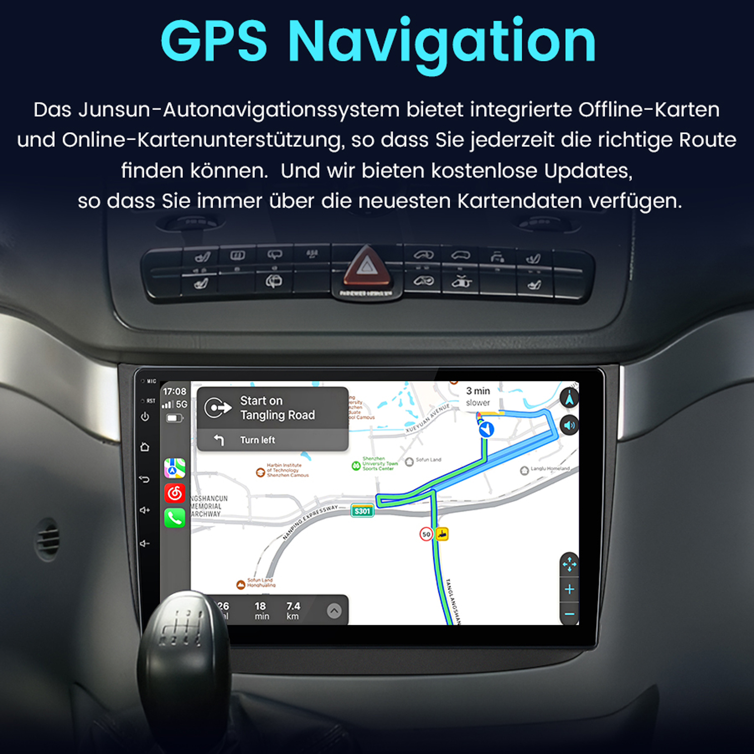 Auto-Armaturenbrett mit GPS-Navigationsschnittstelle.