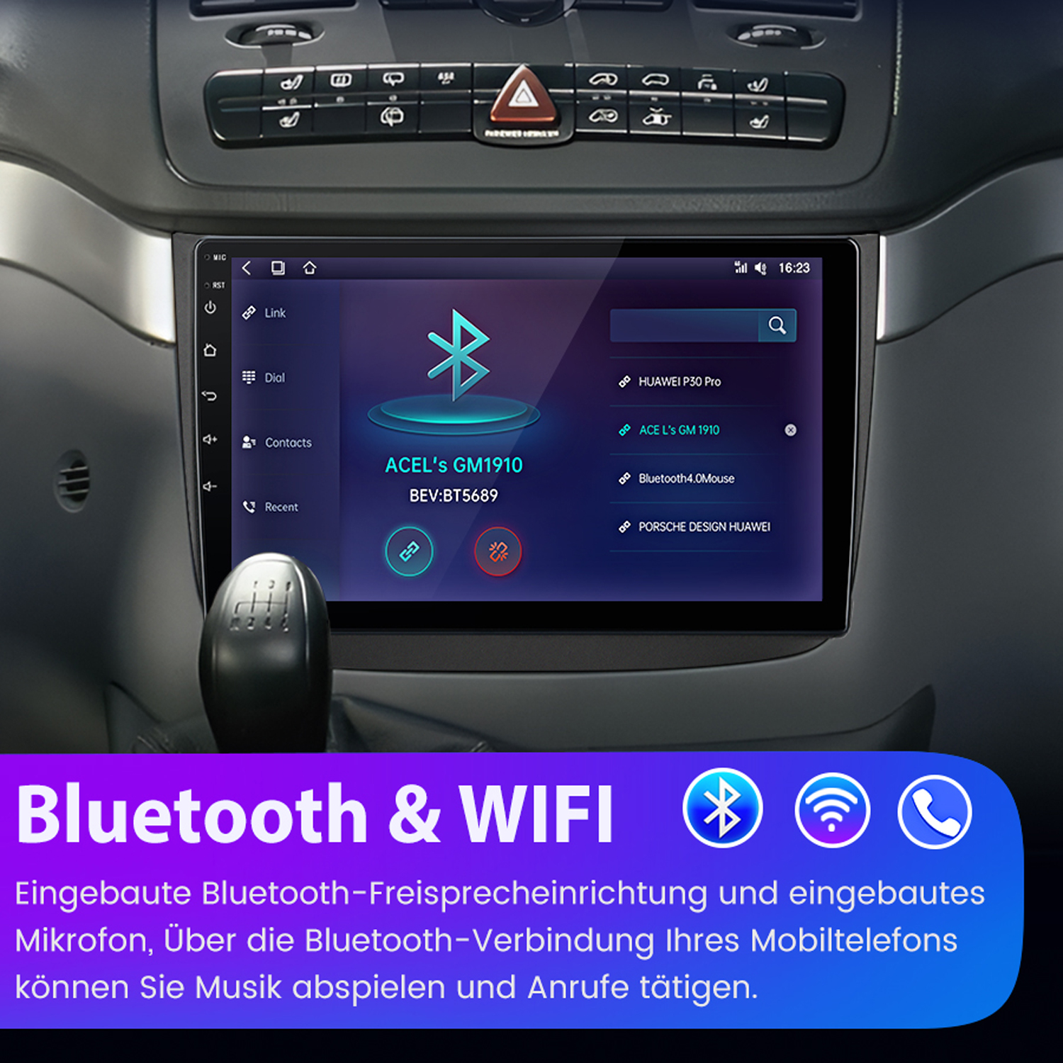 Auto-Armaturenbrett-Bildschirm mit Bluetooth- und WLAN-Verbindungsoptionen.
