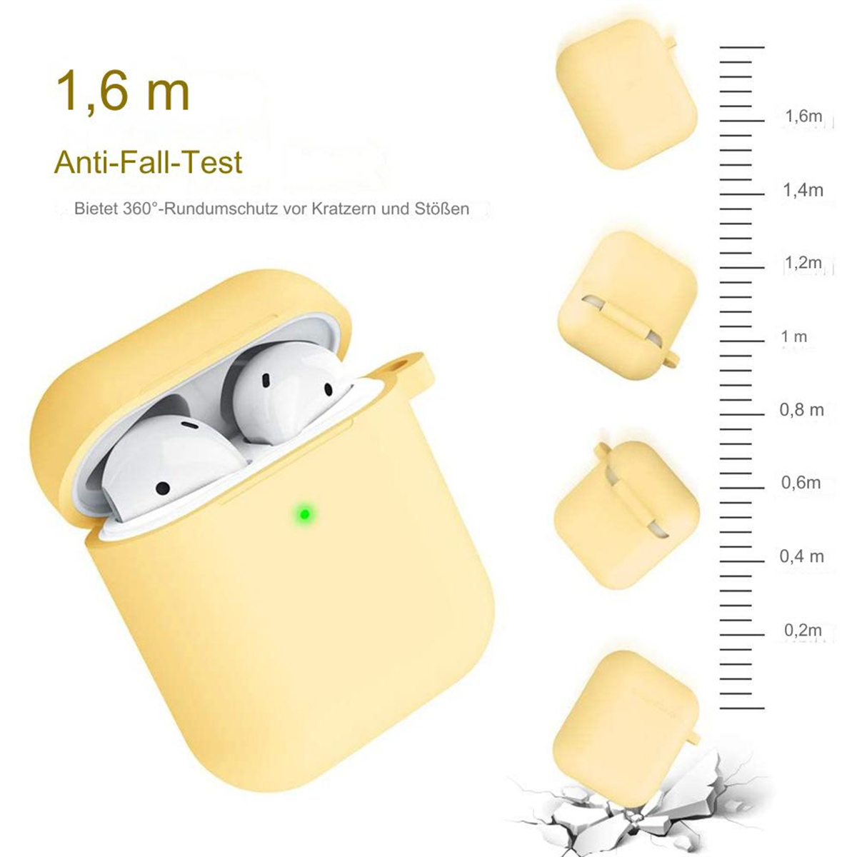 Gelbes AirPods-Etui geöffnet, mit mehreren anderen Etuis und einer Skala.