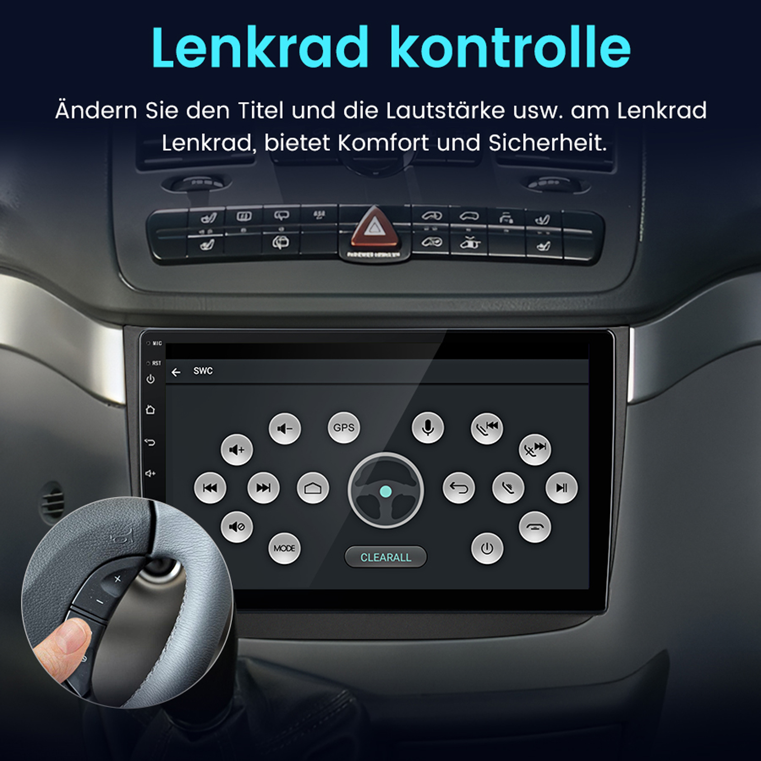 Armaturenbrett mit Touchscreen, der Tasten für Musik, GPS und andere Funktionen zeigt. Eine Hand zeigt auf die Lenkradtaste.