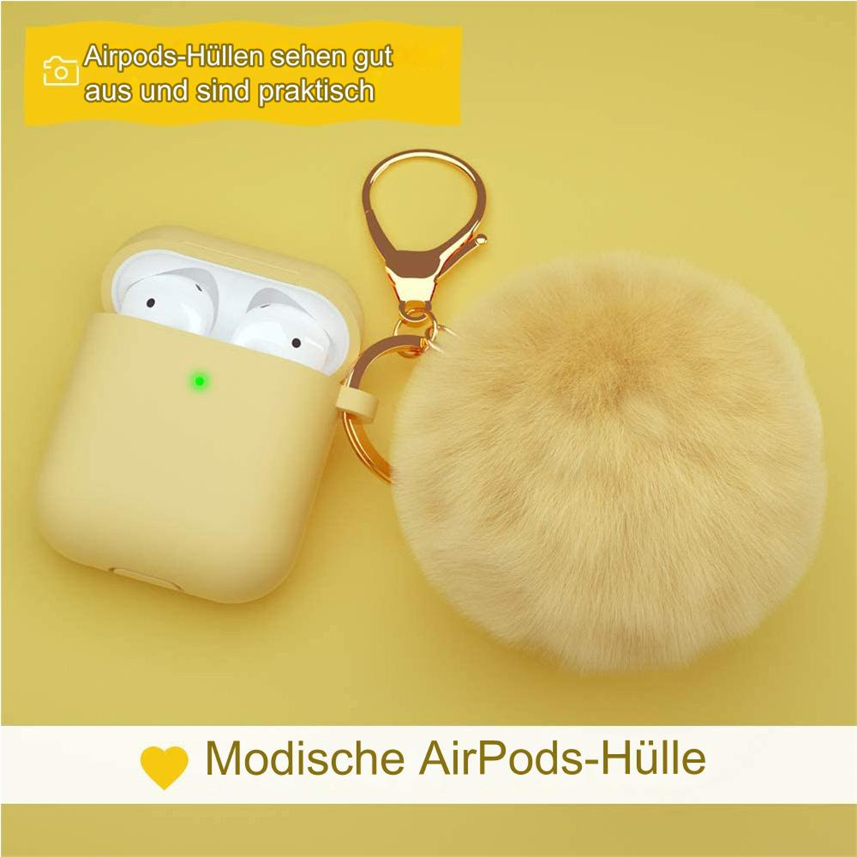 Gelbes AirPod-Etui mit Fell-Schlüsselanhänger, auf gelber Oberfläche.