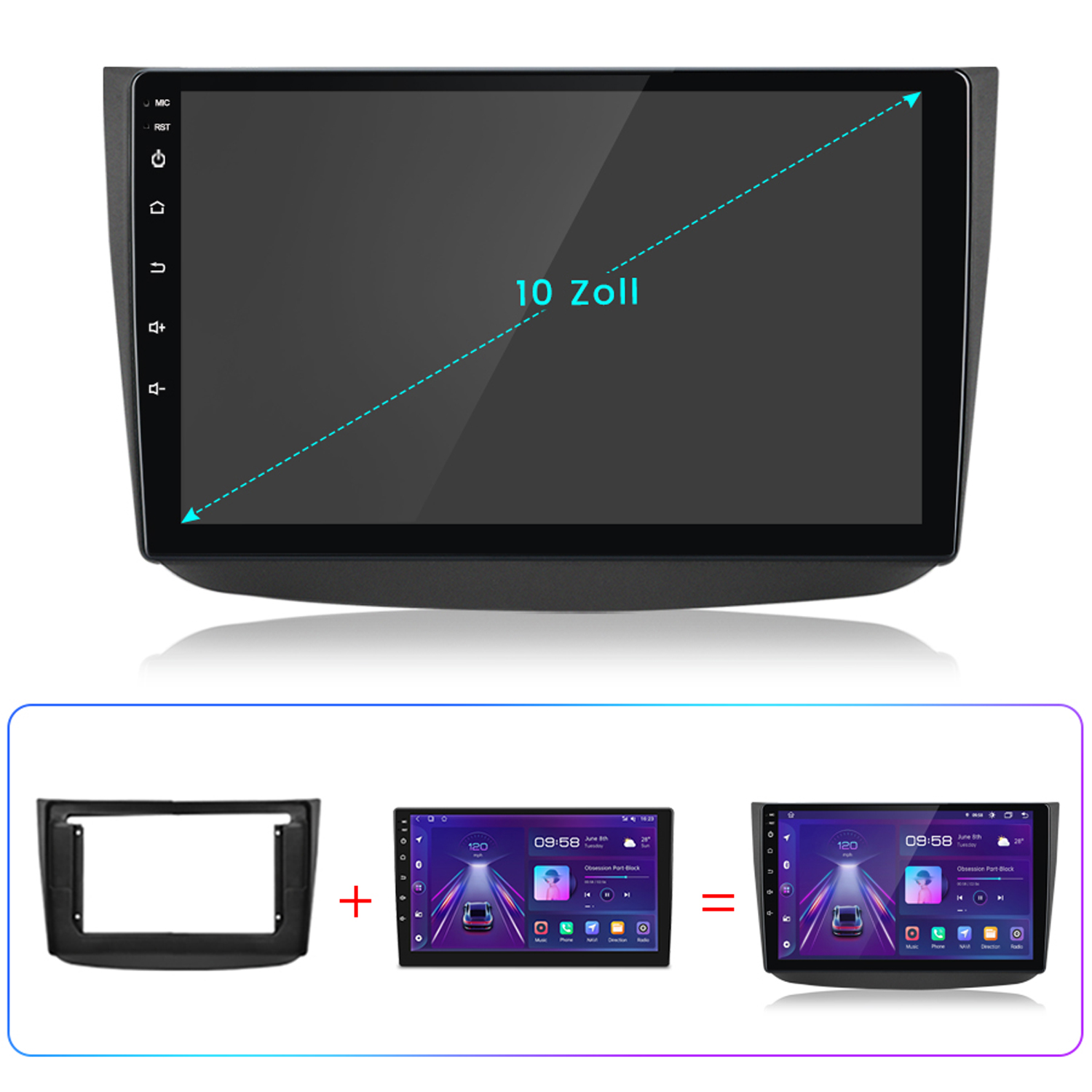 Autoradio mit Touchscreen-Display, plus Rahmen und ein installiertes Beispiel.