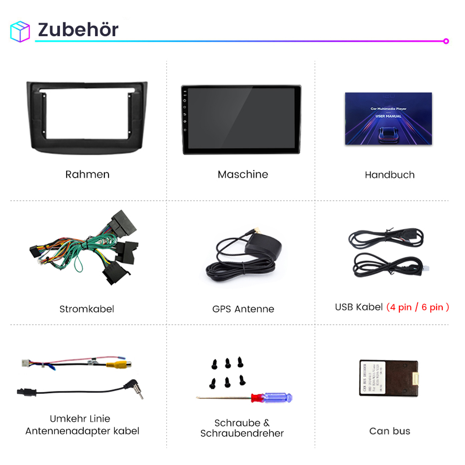 Sortiment an Car-Audio-Zubehör. Enthält Rahmen, Maschine, Handbuch, Kabel und mehr.
