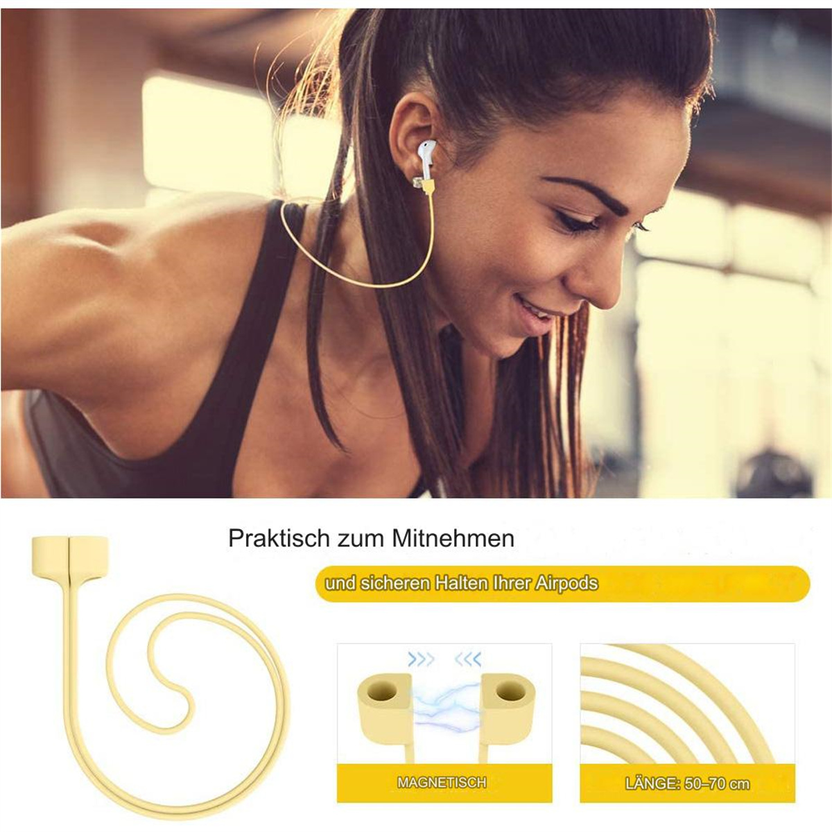 Eine Frau, die einen Sport-BH trägt und ein Kopfhörerkabel mit Nackenband und Diagrammen verwendet.
