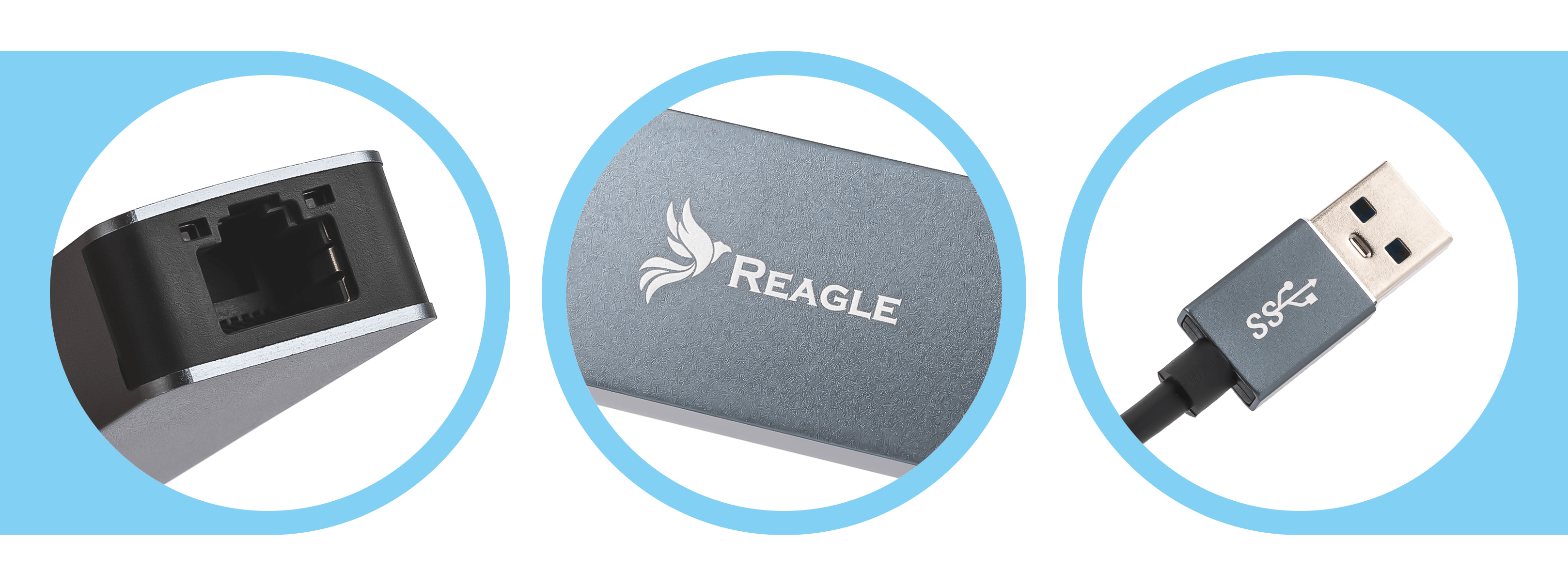 Trzy okrągłe zbliżenia: port RJ45, logo Reagle i złącze USB, wszystkie na niebieskim tle.