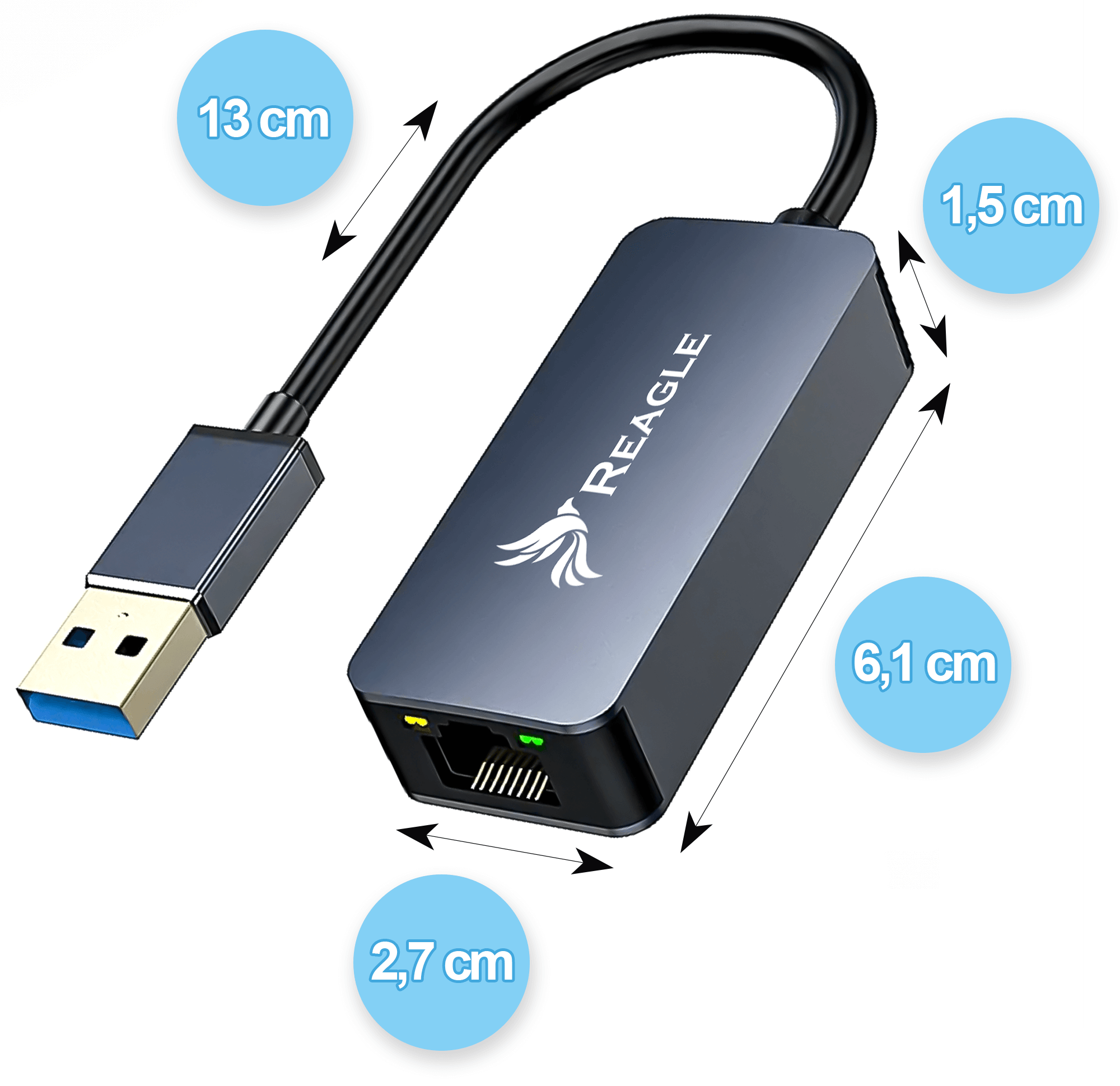 Adapter USB na Ethernet. Czarny z wymiarami. Białe tło z pomiarami.