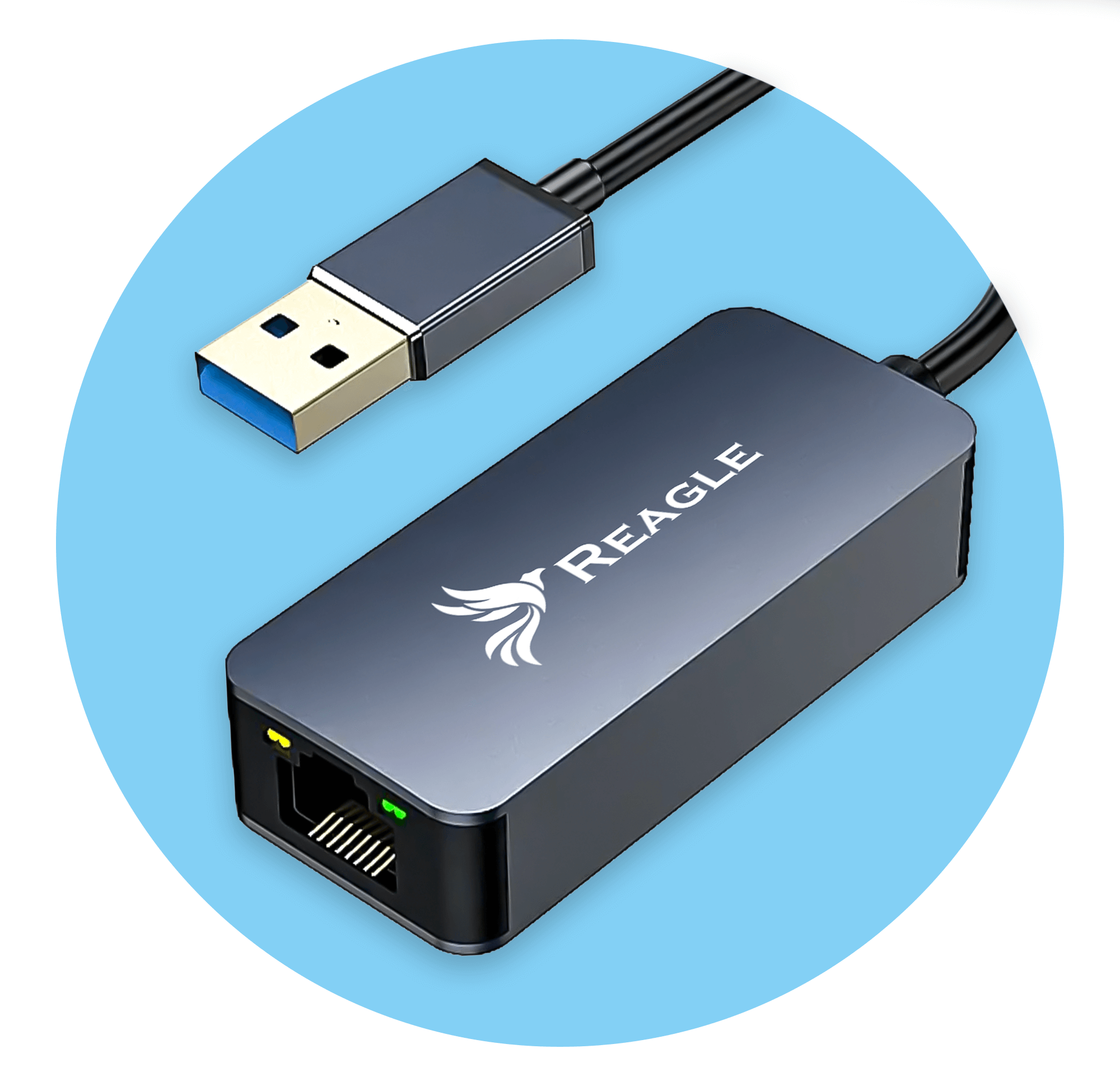 Czarny adapter USB na Ethernet. Posiada złącze USB i port Ethernet. Niebieskie tło.