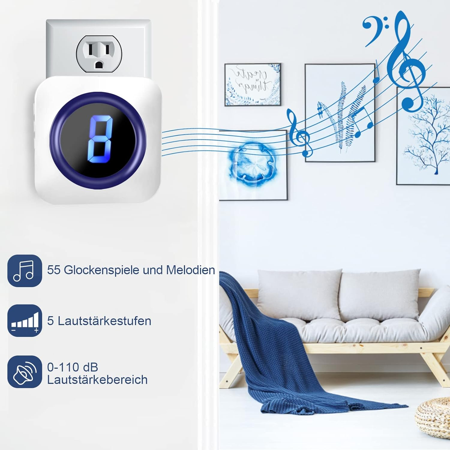 Intelligente Türklingel in einer Steckdose. Sie hat ein Display mit der Zahl 8. An einer Wand befinden sich Bilder.