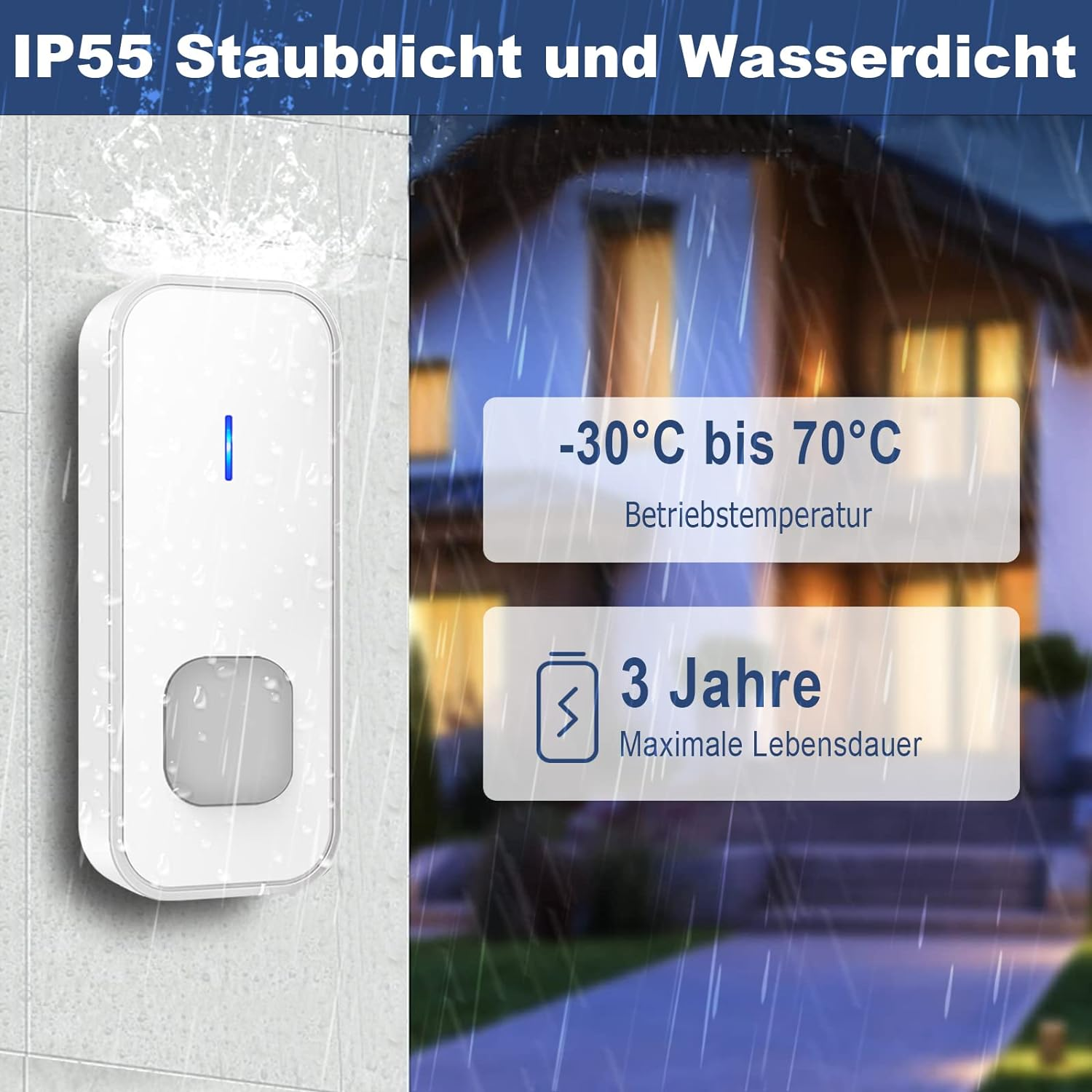 Weiße Türklingel mit Text zu Staub- und Wasserfestigkeit, Temperatur und Lebensdauer.