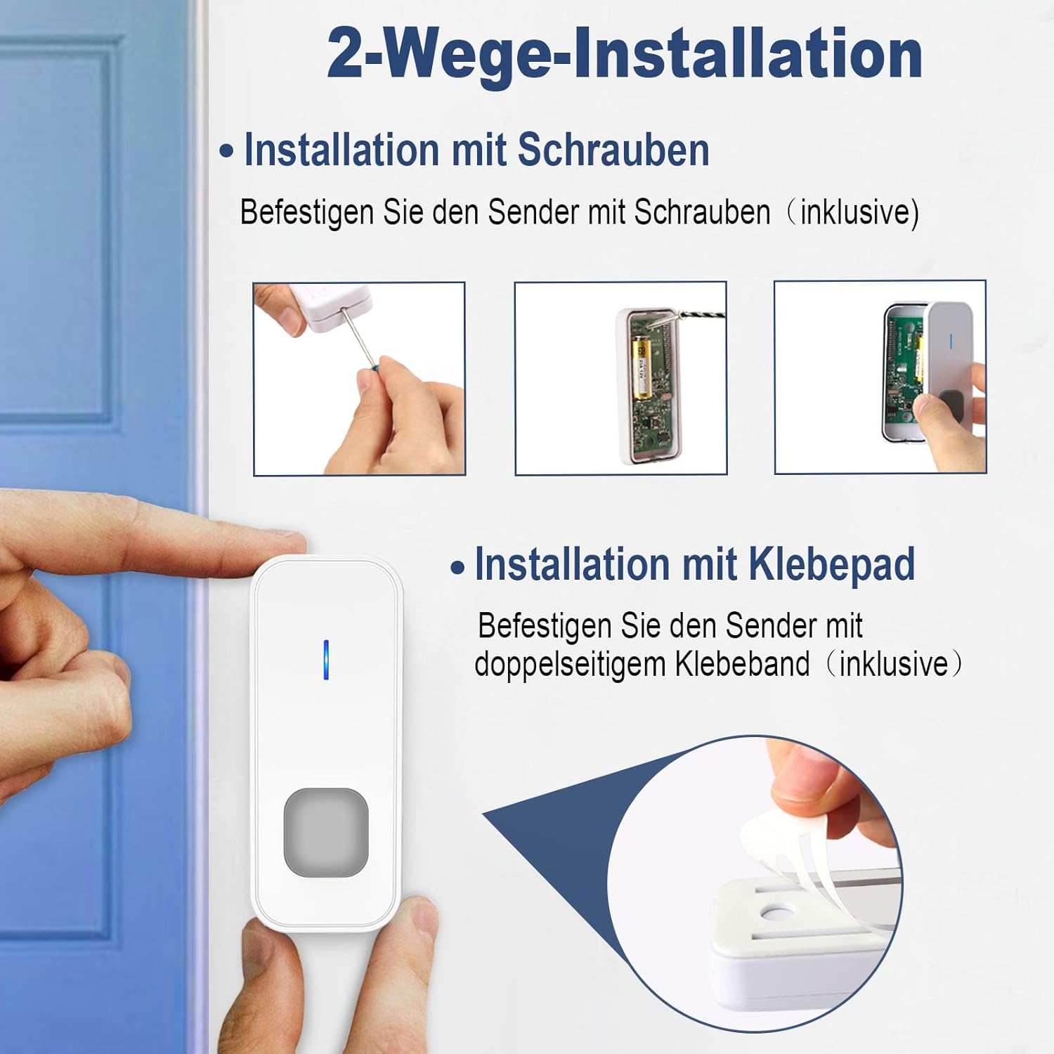 Diagramm mit zwei Installationsmethoden für ein Gerät: mit Schrauben oder Klebeband.