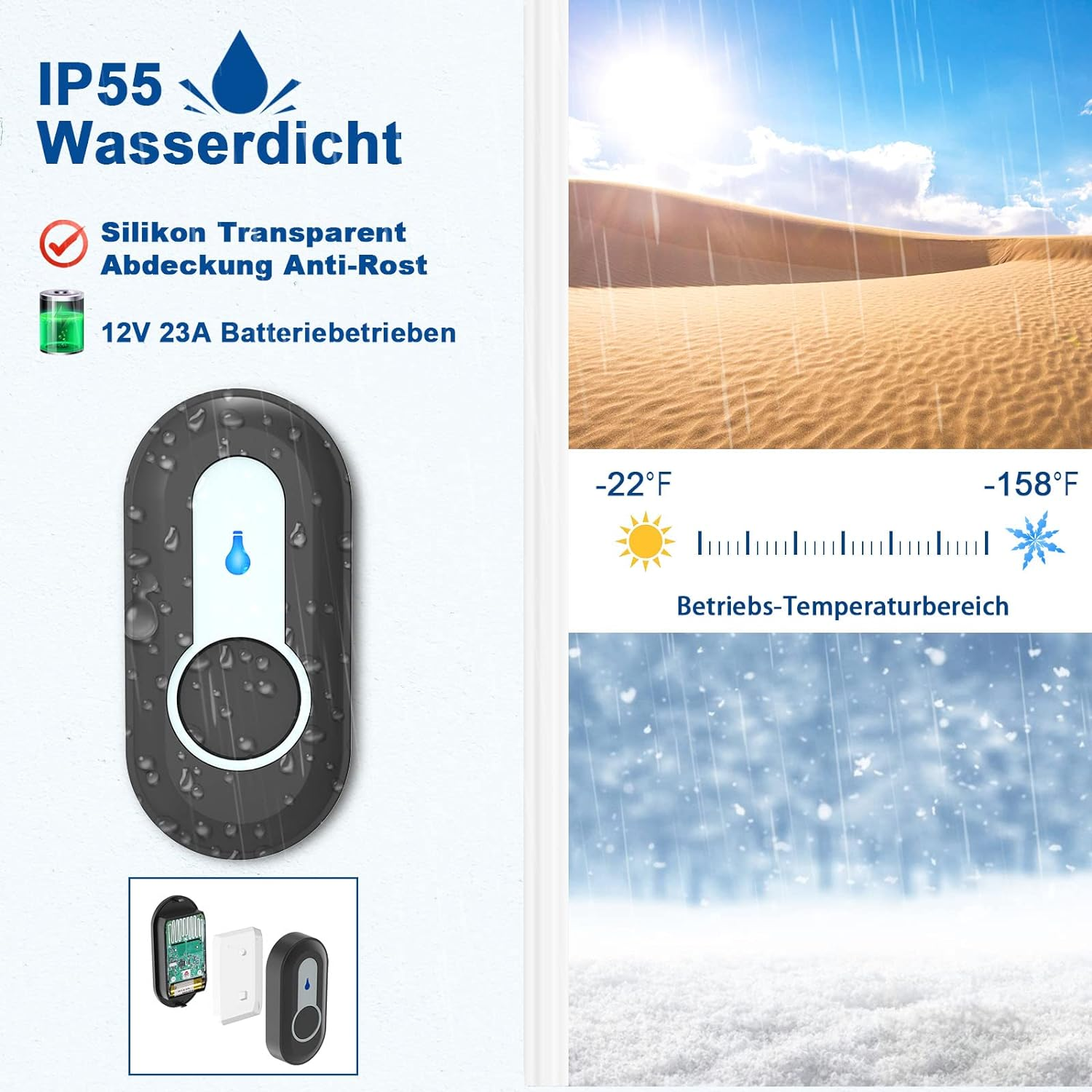 Eine Türklingel mit Text und Bildern. Zeigt Temperaturen und Eigenschaften.