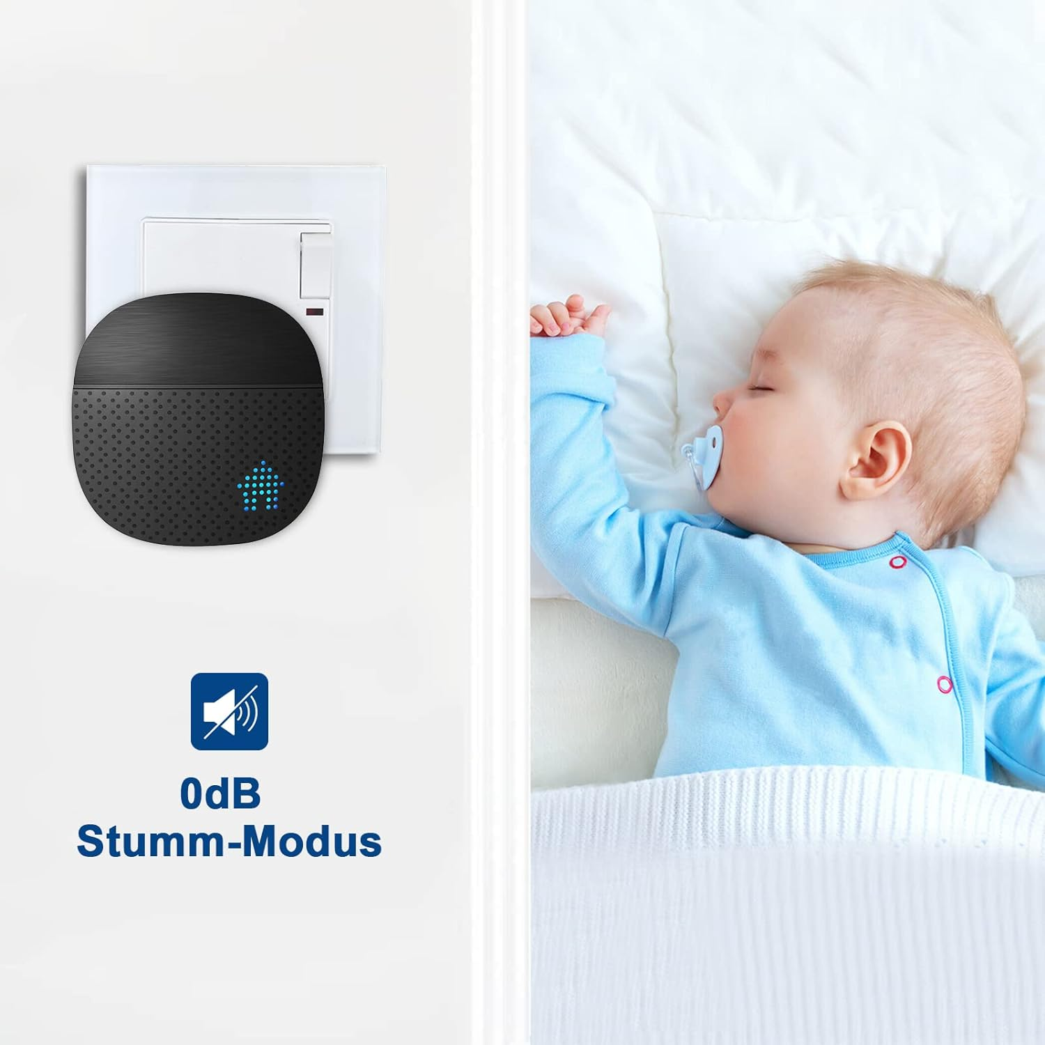 Baby schläft mit Schnuller, Schallüberwachung und Lichtschalter.