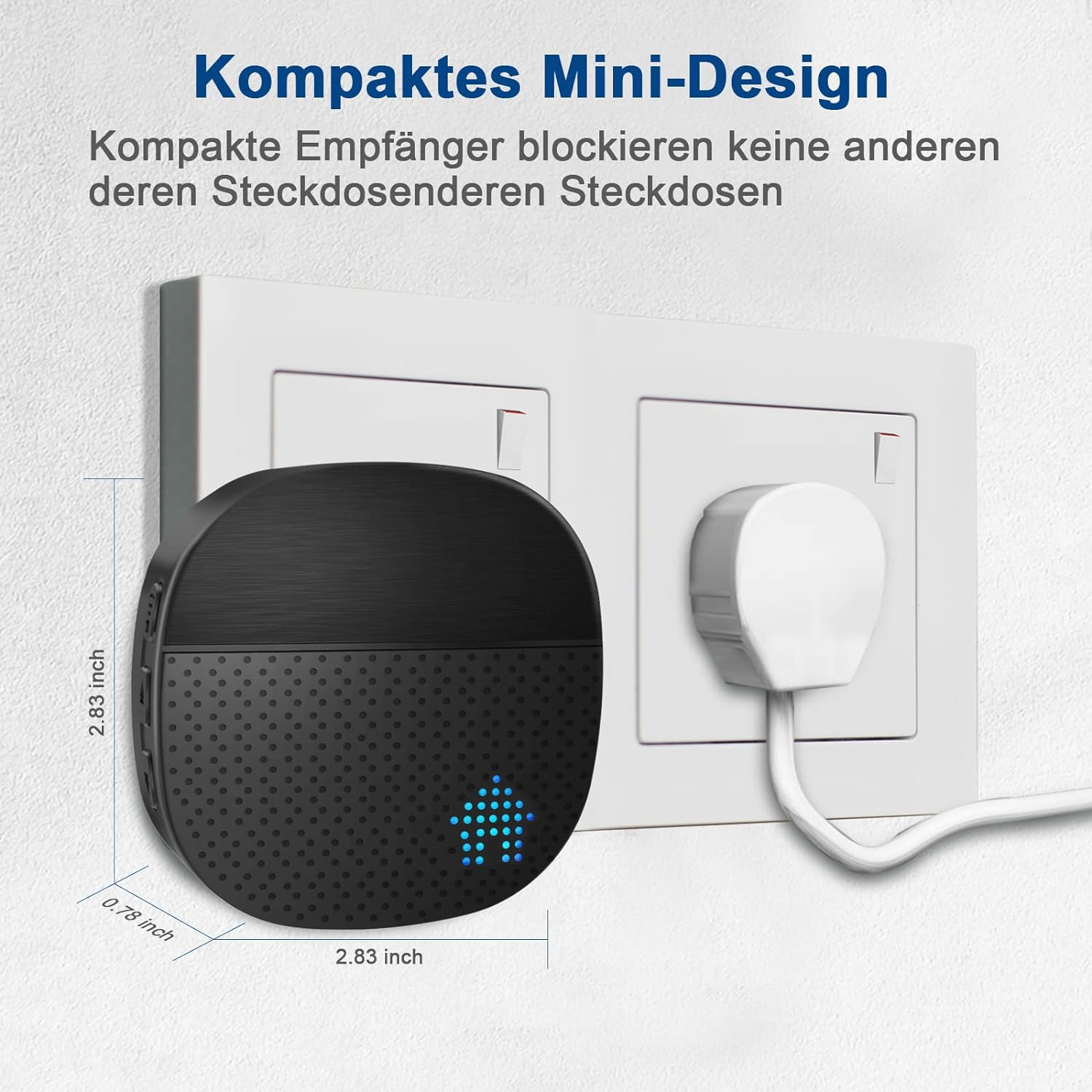 Ein schwarzes rundes Gerät, das an eine weiße Steckdose angeschlossen ist. Die Abmessungen betragen 2,83x0,79 Zoll.