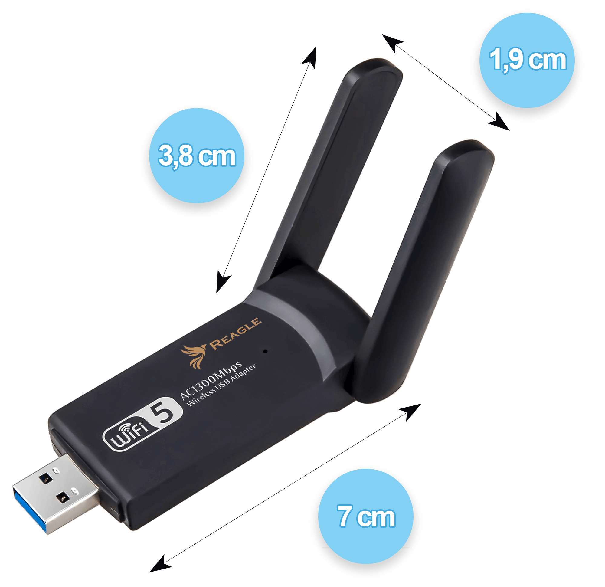 Czarny adapter WiFi z antenami, wymiary, na białym tle. Etykieta 'REAGLE'.