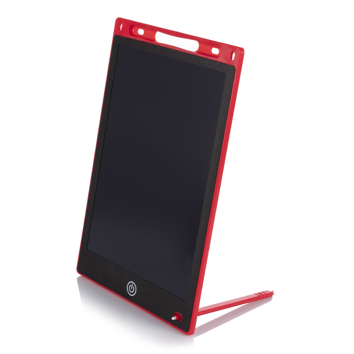 Una tableta de escritura digital con marco rojo y pantalla negra. El bolígrafo está en un soporte.