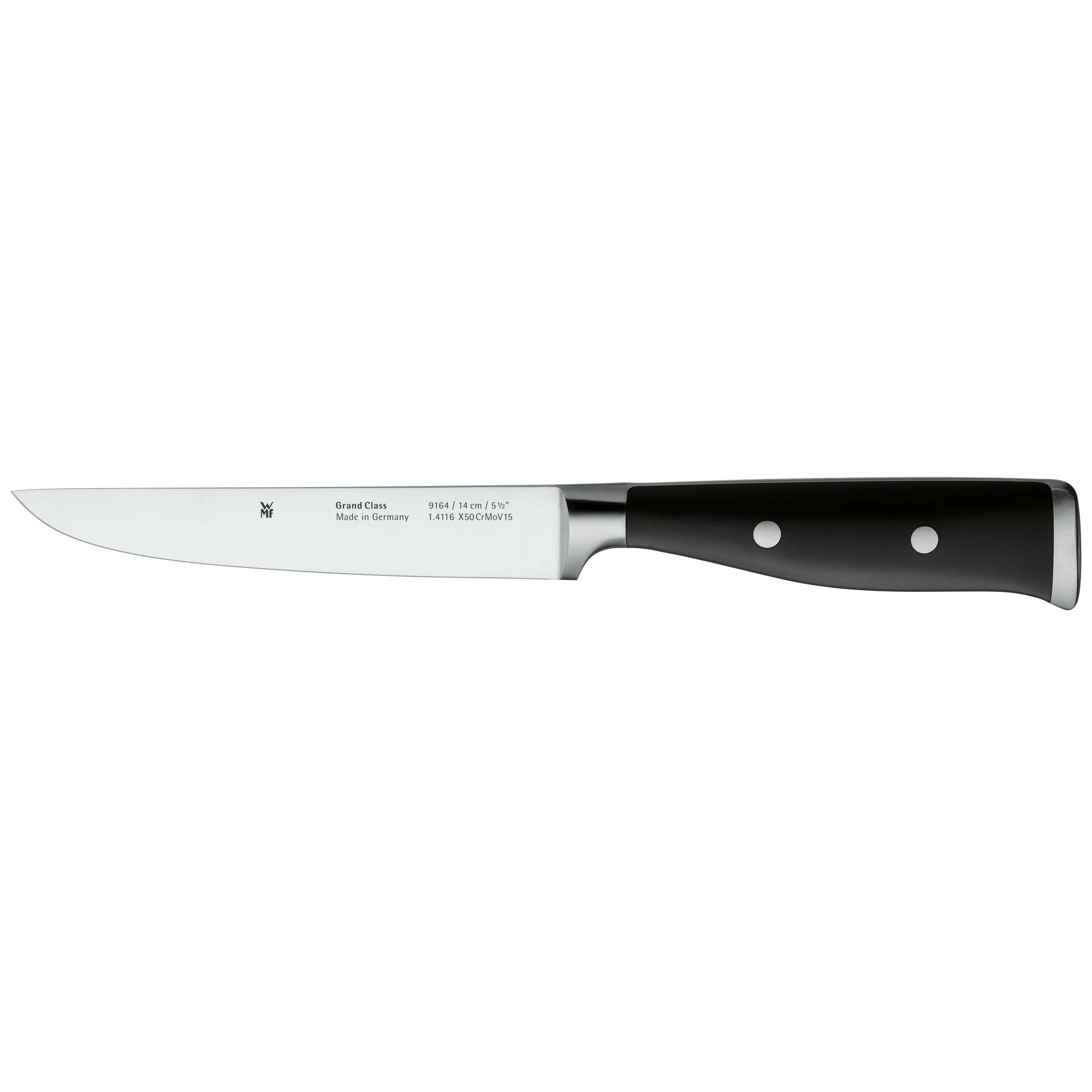 Schwarzes und silbernes Messer mit schwarzem Griff auf weißem Hintergrund.