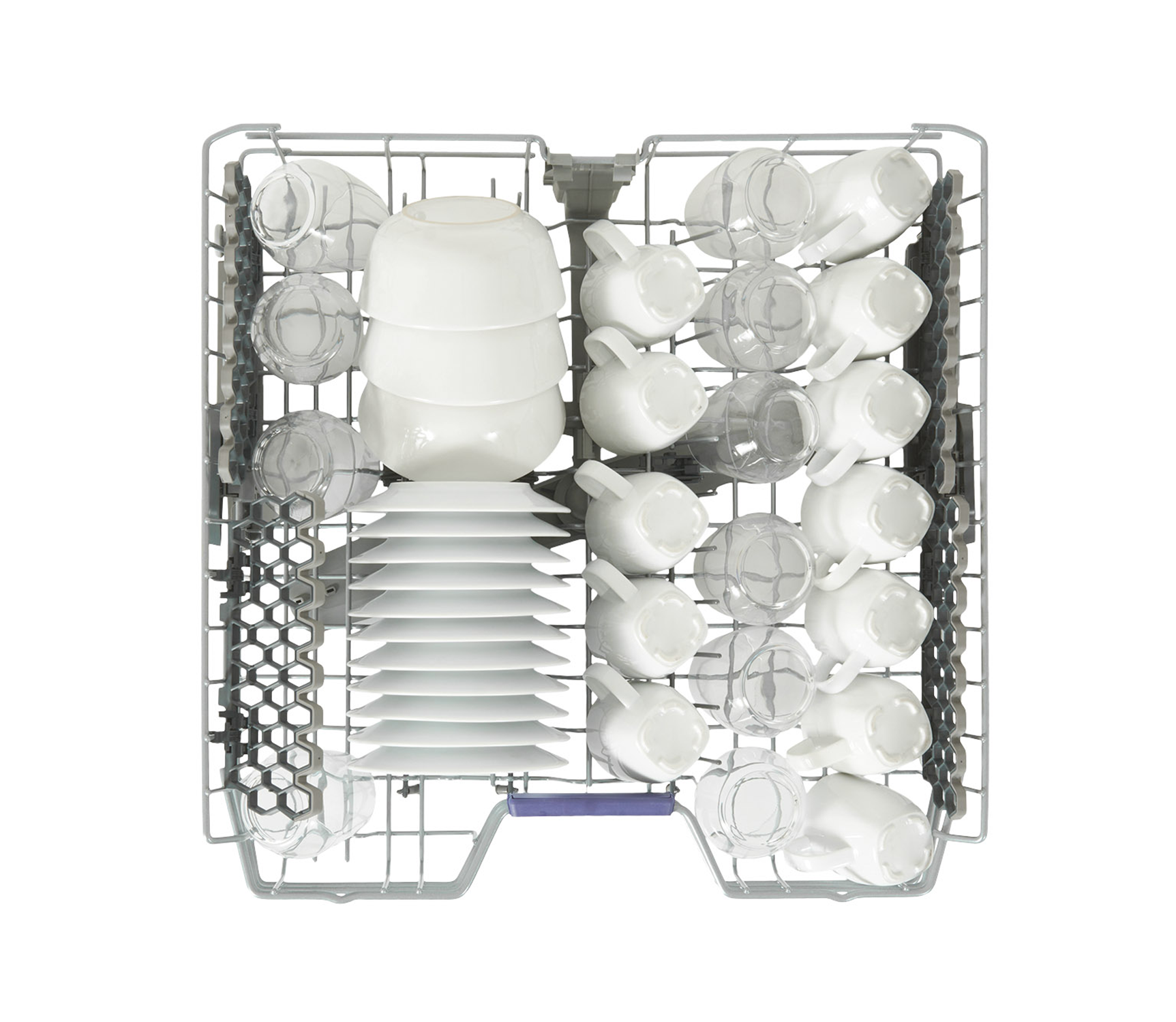 Koszyk zmywarki z talerzami, filiżankami i szklankami. Widok z góry, obiekty w siatce.