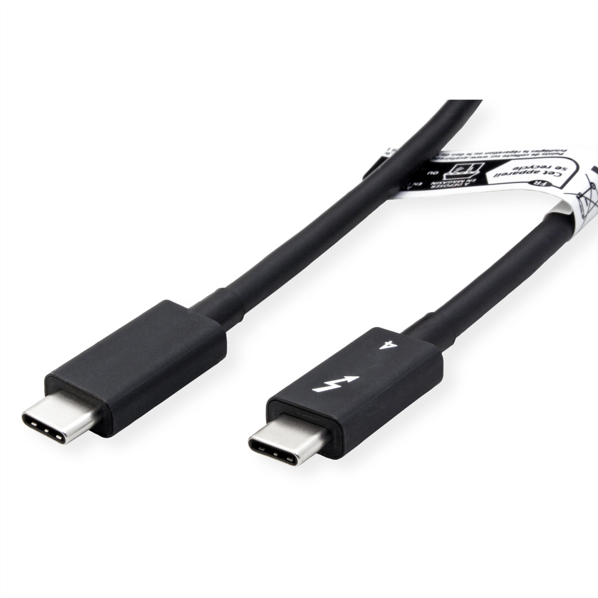 Twee USB-C-kabels met USB-C-connectoren, een met een bliksem.