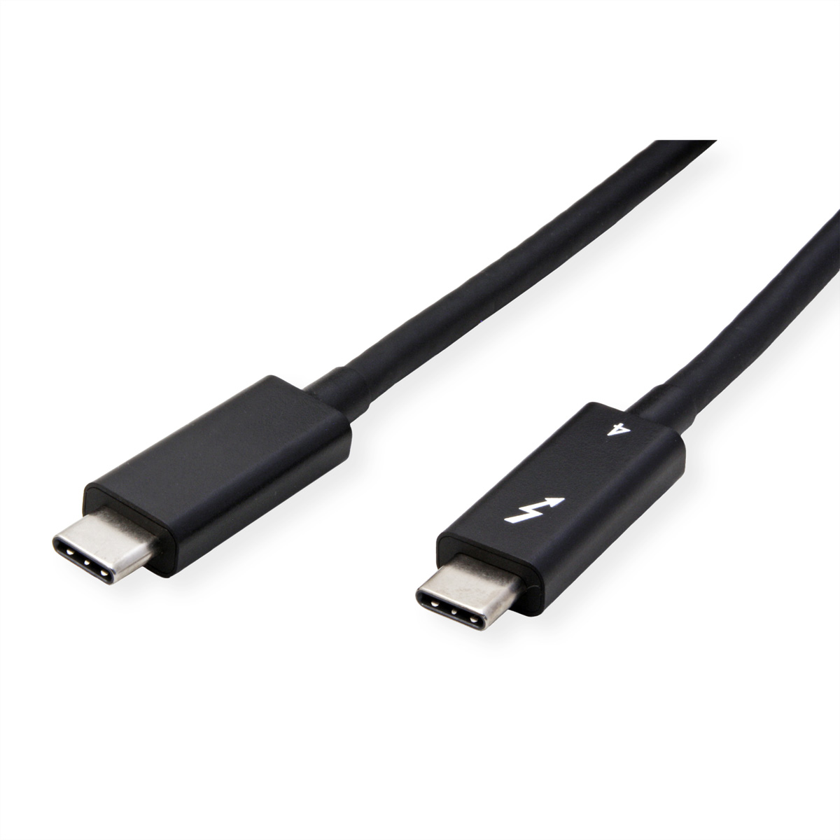 Zwarte USB-C-kabel met connectoren aan beide uiteinden, één met een bliksemsymbool.