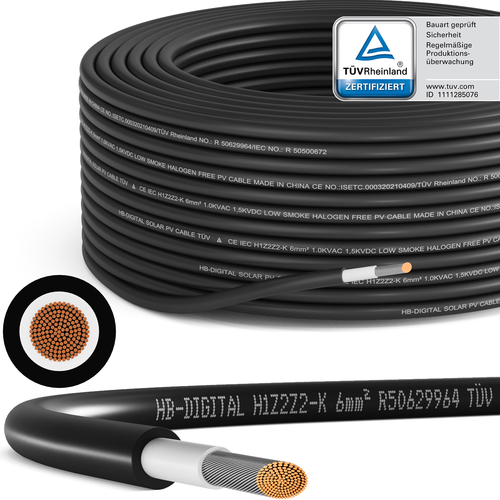 Schwarzes Kabel mit weißem Innenraum und ein aufgeschnittenes Kabel mit Kupferdrähten.