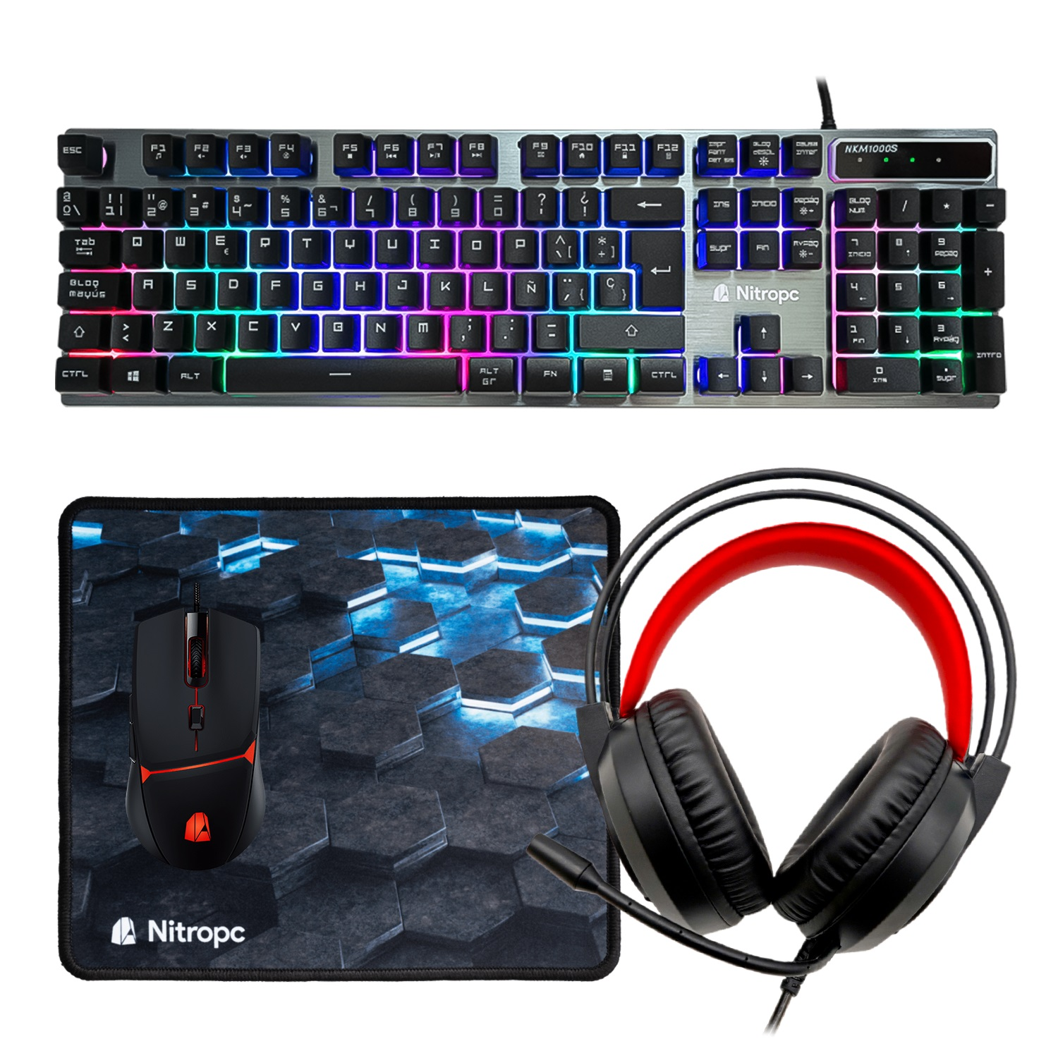 Klawiatura, mysz i zestaw słuchawkowy na wzorzystej podkładce pod mysz.