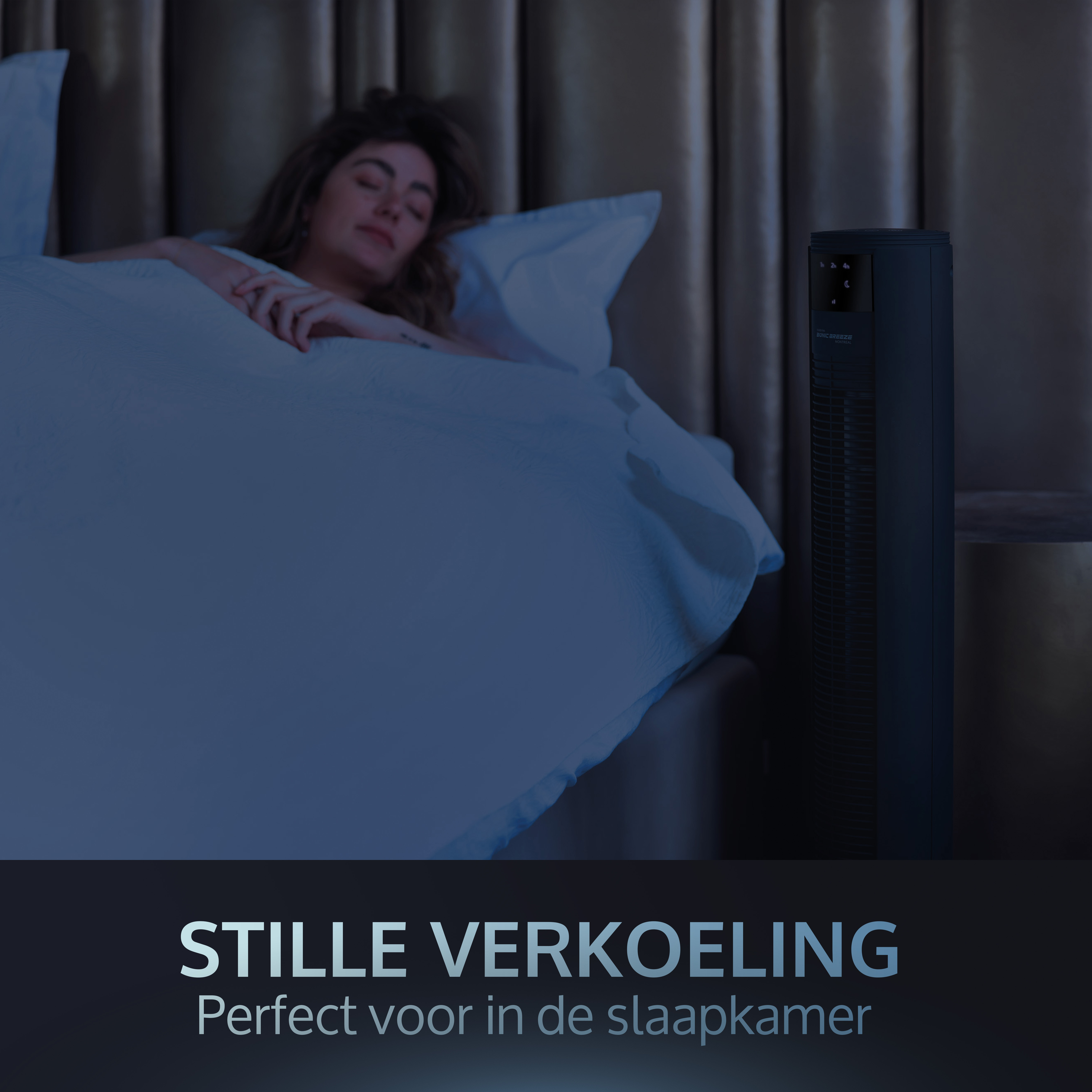 Eine schlafende Frau im Bett mit einem Ventilator im Hintergrund, Textüberlagerung.