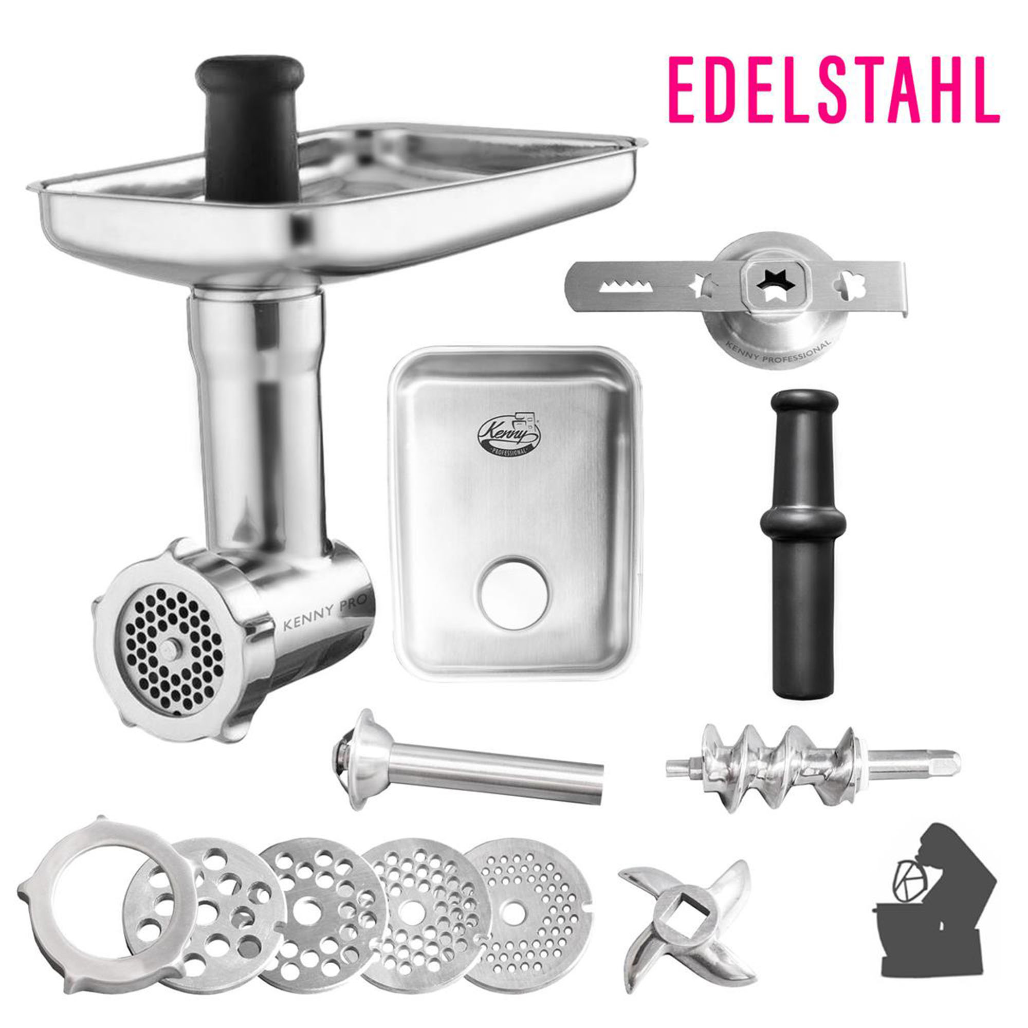Metall-Fleischwolf-Komponenten. Inklusive Wolf, Messer und Teile. Text 'EDELSTAHL' steht oben.
