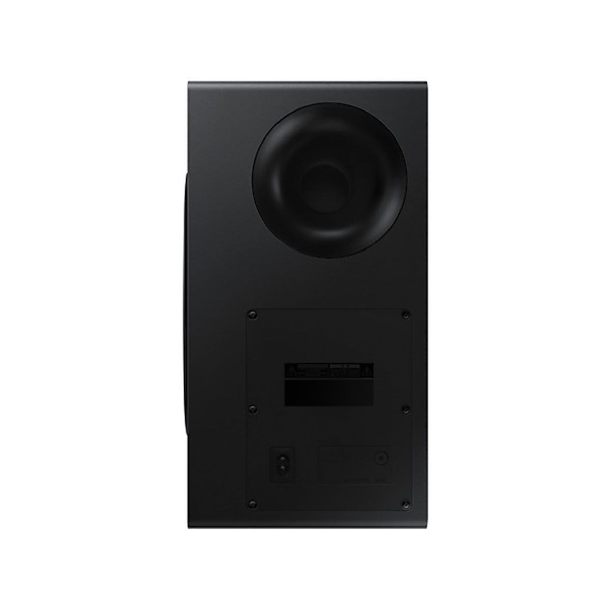 Schwarzer Subwoofer. Rückansicht, mit großem Lautsprecher und mehreren Eingangsanschlüssen.