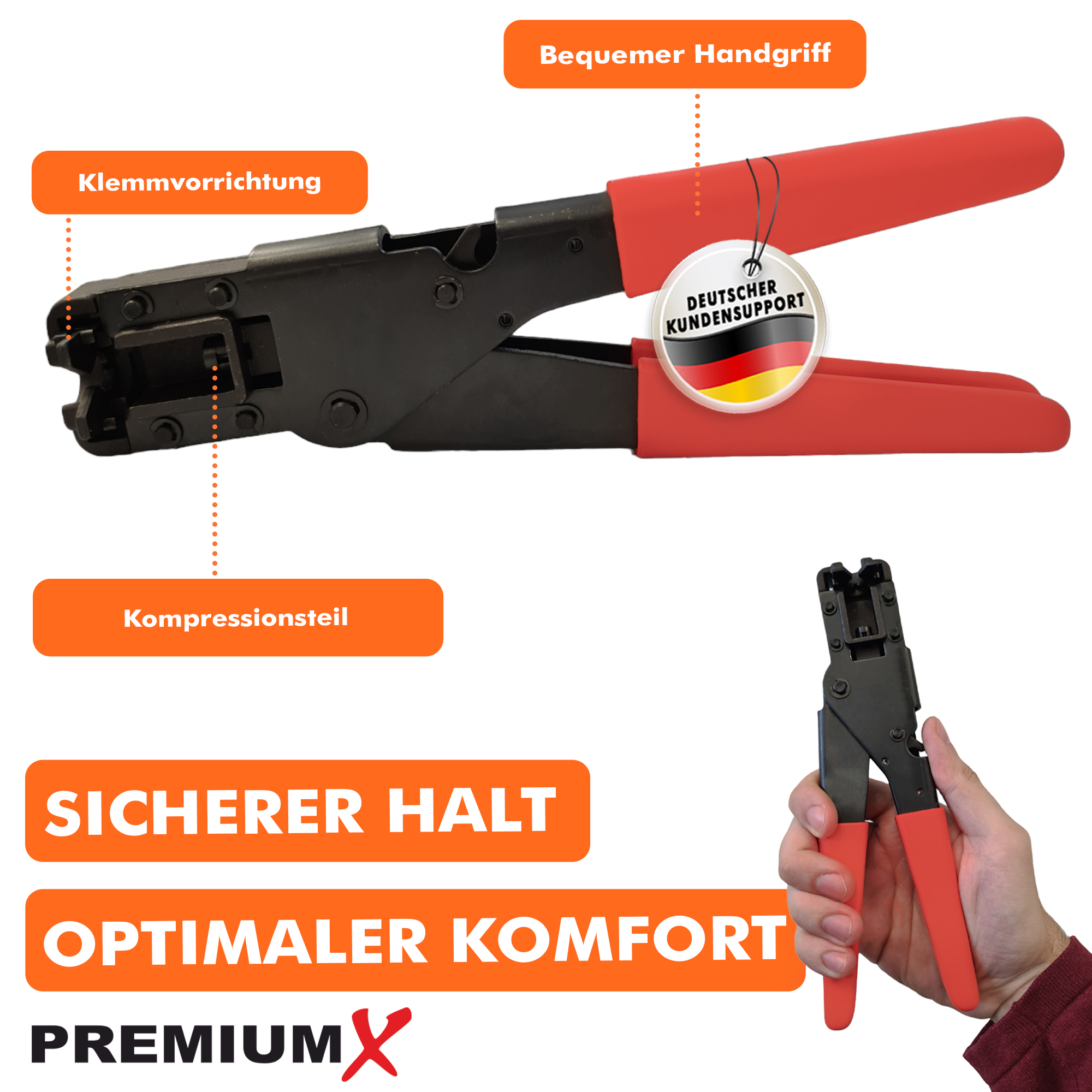 Rotes und schwarzes Crimpwerkzeug mit beschreibenden Etiketten und Premium-Logo.